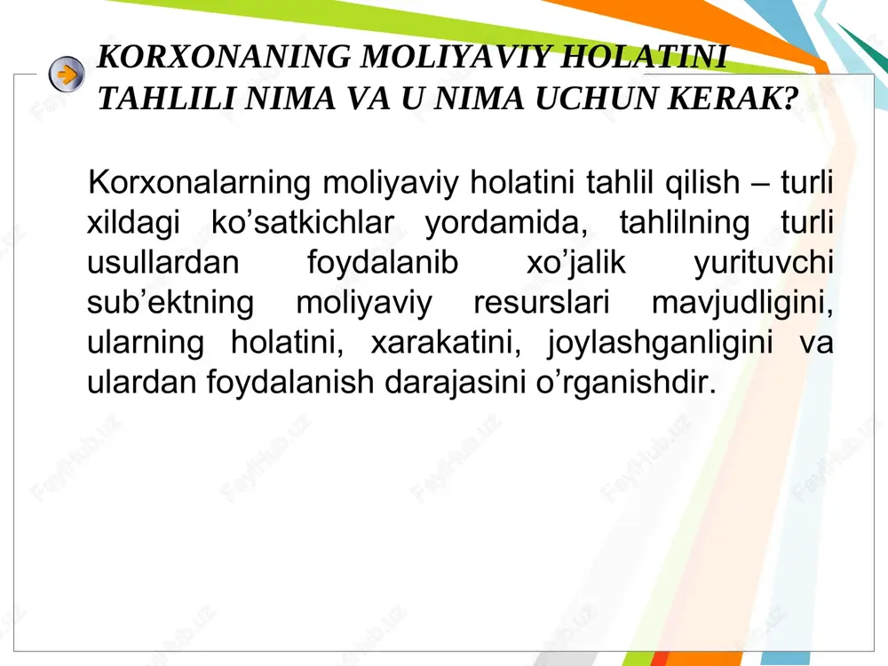lushi, bank krediti, chet ellik sarmoyadorlar va hakozo mablag’lar evaziga sotib olinadi. * content layouts balans aktiv passiv uzoq muddatli aktivlar joriy aktivlar o’z mablag’lari manbalari majburiyatlar asosiy vositalar nomoddiy aktivlar uzoq muddatli investitsiyalar tmz debitorlar pul mablag’lari ustav kapital qo’shilgan kapital rezerv kapital taqsimlanmagan foyda uzoq muddatli majburiyatlar joriy majburiyatlar maqsadli tushumlar contributed capital balance assets l & se current assets noncurrent assets liabilities stockholders’ equity cash & mark. sec current receivables inventories property, plant, & equipment, net goodwill & intangibles, net other assets, net current liabilities long-term liabilities stockholders’ equity other current assets retained earnings shuningdek, zahira va xarajatlar tarkibiga o’simlik va chorvachilik bo’yicha tugallanmagan ishlab chiqarish, kelgusi davr xarajatlari, tayyor mahsulot va boshqalar ham kiradi. moliyaviy tahlilning muhim xususiyatlaridan biri korxona mulki, zahiralar va xarajatlarni har tomonlama o’rganishdir. ular korxonaning bir me’yorida ishlashi hamda mahsulot ishlab chiqarishi va shartnoma bo’yicha sotish rejasini ta’minlashga etarli bo’lishi lozim aktivlarni …
