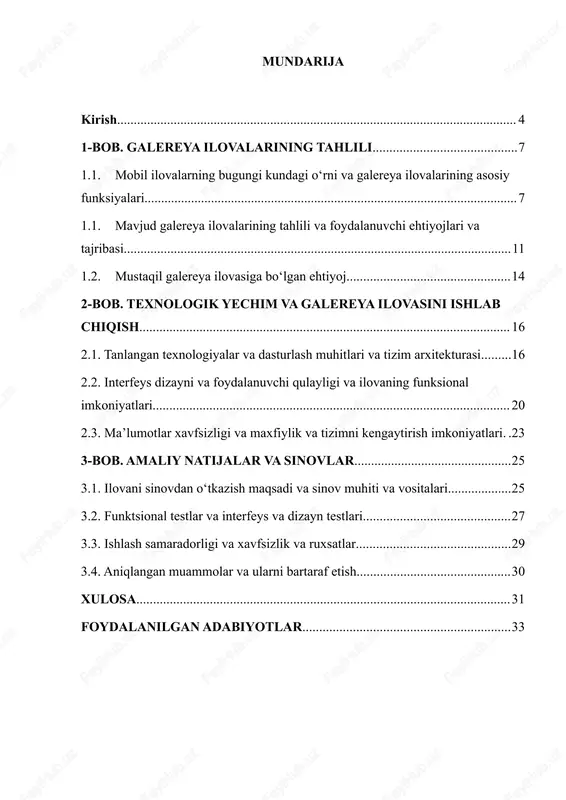 tiborga ola boshlashi dasturlashni o‘rganish uchun: it park rezident kompaniyalari va o‘quv markazlari (najot ta’lim, pdp, bepro, cambridge it, myacademy) online kurslar: najot ta’lim online, udemy, coursera, youtube'dagi o‘zbek tilidagi darslar (o‘zbek dasturchilari kanali va boshqalar) hukumat grantlari (masalan: 6 oylik bepul it kurslari uchun tanlovlar) ish va freelancing imkoniyatlari: it park freelancing markazi ochildi, bu yerda freelancing kurslari va real buyurtmalar olish imkoni bor. xalqaro freelance platformalarda (upwork, fiverr, freelancer) o‘zbekistonliklar soni oshmoqda. mahalliy it kompaniyalar yosh dasturchilarni amaliyot va ishga olishmoqda. startap va it ekotizimi: hozir o‘zbekistonda startaplar ekotizimi shakllanmoqda, it park rezidentlariga soliq imtiyozlari, inkubatsiya va akseleratsiya dasturlari mavjud. it park’lar orqali xalqaro loyihalarda ishlash va grant olish imkoniyati ham bor. 1-bob. galereya ilovalarining tahlili 1.1. mobil ilovalarning bugungi kundagi o‘rni va galereya ilovalarining asosiy funksiyalari so‘nggi yillarda texnologik taraqqiyot shiddat bilan rivojlanib bormoqda. ayniqsa, mobil qurilmalarning kundalik hayotdagi ahamiyati ortib borayotgan bir paytda, ularga mos dasturiy …