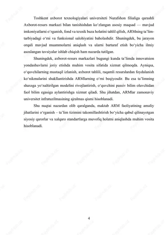 texnologiyalarini joriy qilish, dars ishlanmalari tayyorlash, prezentatsiyalar tuzish va dars jarayonini innovatsion yondashuv asosida olib borish uchun muhim texnik va metodik yordam manbaidir. shu boisdan, axborot-resurs markazi nafaqat o‘quvchilarni axborot bilan ta’minlovchi vosita, balki ularning tafakkuri, mustaqil qaror qabul qilish qobiliyati, tanqidiy fikrlashi va raqamli ko‘nikmalarini shakllantiruvchi muhim pedagogik muhit hisoblanadi. armning mavjud moddiy-texnik bazasi va tashkiliy modeli hozirgi ta’lim islohotlari talablariga mos tarzda rivojlanayotganini ko‘rsatadi. 1-rasm. tatu nurafshon filiali. 1. arm faoliyatining asosiy yo‘nalishlari va foydalanuvchi xizmati axborot-resurs markazi ta’lim muassasalarida bilimlar makonini shakllantirish, axborotga asoslangan muhitni yaratish hamda o‘quv-tarbiya jarayonini pedagogik va texnologik jihatdan qo‘llab-quvvatlashga xizmat qiluvchi muhim bo‘g‘in sifatida o‘z faoliyatini ko‘p yo‘nalishli formatda tashkil etgan. arm faoliyatining ustuvor yo‘nalishlari zamonaviy axborot-kommunikatsiya texnologiyalariga asoslangan, shaxsga yo‘naltirilgan ta’lim konsepsiyasi bilan uyg‘unlashgan holda shakllantirilgan. birinchi yo‘nalish — axborot-bibliografik xizmat bo‘lib, u foydalanuvchilarga (o‘quvchilar, o‘qituvchilar, ma’muriy xodimlar) zaruriy bosma va elektron adabiyotlarni tezkor taqdim etishni nazarda tutadi. arm fondida mavjud …