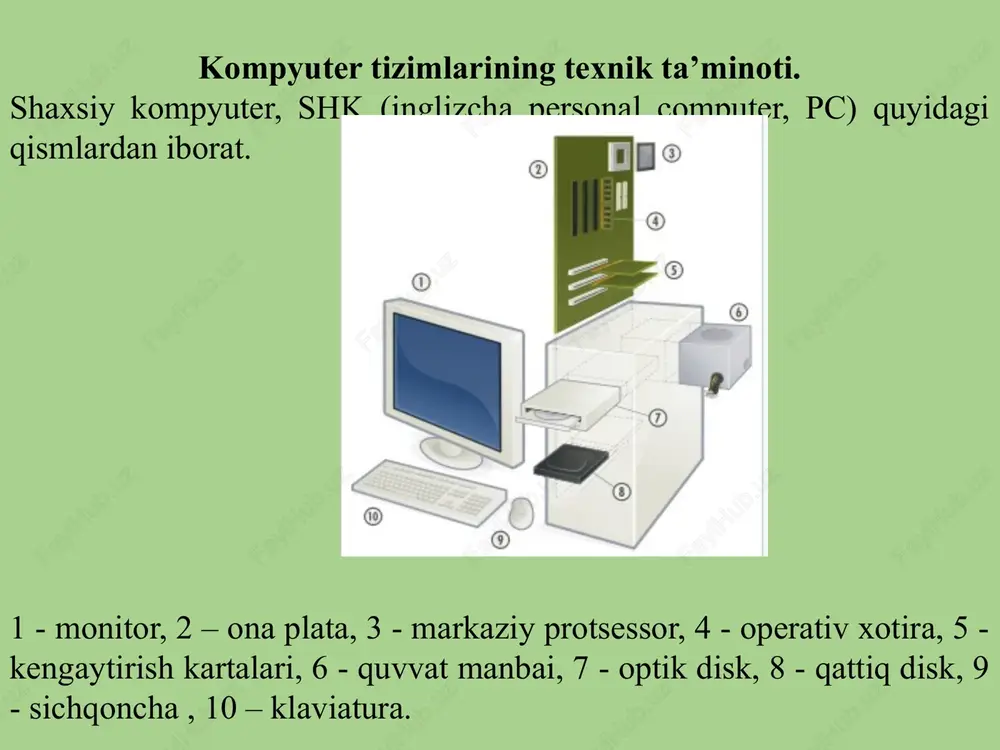 uriy vositadir. operatsion tizim turlari: windows 2007, 2008, 2010, unix, linux, mac oc va boshqalar. windows 10 operatsion tizimi. windows 10 operatsion tizimining birinchi oynasi quyidagicha bo`lib u ish stoli deyiladi. ish stolida turli xil dasturlar piktogrammalari joylashgan bo'ladi. piktogramma belgisini ikki marta bosish orqali dasur ishga tushiriladi. ushbu amallarni bajarish orqali qo'shimcha piktogrammalar yaratish mumkin: 1-qadam - ish stolining foniga sichqoncha o'ng tugmasi bosiladi. 2-qadam – hosil bo'lgan kontekst menyuda «noviy» va «yarlik» buyruqlari tanlanadi. 3-qadam – yorlig'i yaratilishi kerak bo'lgan dastur yoki fayl topiladi. 4-qadam - yorliq nomlanadi va «gotovo» tugmasi bosiladi. ish stolining yana bir tarkibiy qismi - bu fondir. odatda kompyuterlarda oldindan tanlangan fon bo`ladi, ammo uni boshqa tasvirga o'zgartirish mumkin. fonni o'zgartirish uchun quyidagi amallarni bajaring: - orqa fonga sichqonchaning o'ng tugmachasi bosiladi va " personalizatsiya" buyrug`i tanlanadi. - " personalizatsiya " oynasida rasmlardan biri tanlanadi. bosh menyu yordamida ilova va dasturlarni ochish mumkin. bosh …