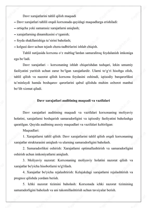 larni tahlil qilish: korxonaning moliyaviy ko'rsatkichlarini tahlil qilish va ularni xarajatlar bilan bog'liq holda baholash. 8. xarajatlar bo'yicha strategik tavsiyalar berish: korxonaning xarajatlar strategiyasini takomillashtirish uchun tavsiyalar berish. davr xarajatlari auditining maqsadlari va vazifalari korxonaning moliyaviy barqarorligini ta'minlash va iqtisodiy samaradorligini oshirishga qaratilgan. bu jarayon orqali korxonalar o'z xarajatlarini yanada samarali boshqarish imkoniyatiga ega bo'lishadi. davr xarajatlari auditini o‘tkazish bosqichlari davr xarajatlari auditini o‘tkazish jarayoni bir necha bosqichlardan iborat bo‘lib, har bir bosqichda ma'lum vazifalar va faoliyatlar amalga oshiriladi. quyida davr xarajatlari auditini o‘tkazishning asosiy bosqichlari keltirilgan: 1. rejalashtirish bosqichi: • audit maqsadlarini aniqlash: auditning maqsadlari va vazifalarini belgilash, xarajatlar tahlilining qaysi jihatlari ustida to‘xtalish kerakligini aniqlash. • audit jamoasini shakllantirish: auditni o‘tkazish uchun zarur bo‘lgan mutaxassislarni tanlash va ularni tayinlash. • audit rejasini ishlab chiqish: audit jarayonining rejasini tayyorlash, vaqt jadvalini belgilash va zarur resurslarni aniqlash. 2. ma'lumotlarni yig‘ish bosqichi • xarajatlar hisobini o‘rganish: korxonaning xarajatlar hisobini va u …