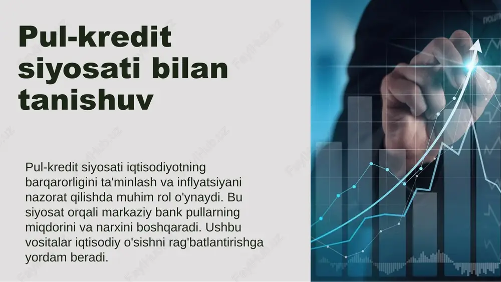 rligi. toshkent: o'zbekiston respublikasi iqtisodiy tadqiqotlar va islohotlar markazi, 2021. 4. ismoilov, k. iqtisodiy o'sishni ta'minlashda pul-kredit siyosatining roli. tashkent: o'zbekiston milliy universiteti, 2022. 5. o'zbekiston respublikasi markaziy banki. pul-kredit siyosati to'g'risida hisobot. toshkent: markaziy bank, 2023. 6. murodov, s. iqtisodiy barqarorlik va pul-kredit tavsiyalari. toshkent: o'zbekiston respublikasi moliya vazirligi, 2023. e'tiboringiz uchun rahmat image1.gif image2.png image3.png image5.png image10.jpg image6.png image11.jpg image7.png image12.jpg image8.png image13.jpg image4.png