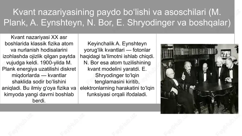di. (ha / yo‘q) kvant kimyo faqat nazariy yo‘nalish bo‘lib, amaliy kimyoda qo‘llanilmaydi. (ha / yo‘q) maks plank kvant nazariyasining asoschisi hisoblanadi. (ha / yo‘q) kvant kimyo klassik mexanikadan keyin shakllangan ilmiy yo‘nalishdir. (ha / yo‘q) kvant kimyo moddalarning fizik xossalarini aniqlashda qo‘llanilmaydi. (ha / yo‘q) gaussian, gamess va spartan dasturlari kvant kimyoviy hisoblashlar uchun mo‘ljallangan. (ha / yo‘q) kvant kimyo yordamida molekulalarning energiya darajalari aniqlanadi. (ha / yo‘q) kvant kimyo nanotexnologiya, materialshunoslik va farmatsevtika sohalarida qo‘llaniladi. (ha / yo‘q) kvant kimyo faqat eynshteyn tomonidan yaratilgan. (ha / yo‘q) kvant kimyo zamonaviy kimyoning nazariy asosini tashkil etadi. (ha / yo‘q) e’tiboringiz uchun rahmat image1.png image3.png image2.png image4.jpeg image5.png image6.png image7.png image8.png image9.png image10.png image11.png image12.png image13.png image14.png image15.png /docprops/thumbnail.jpeg