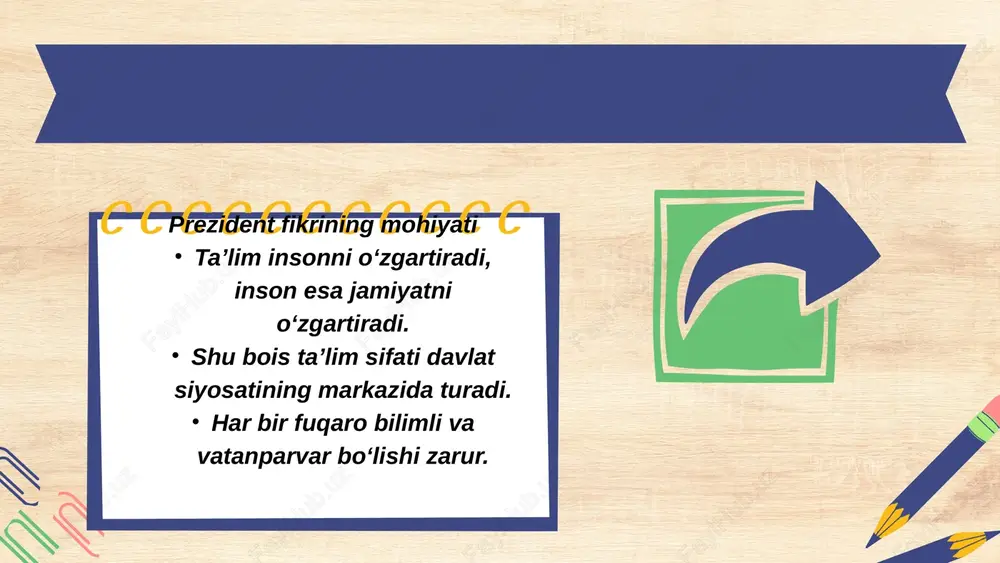 lqaro miqyosda raqobatbardosh qilish. o‘zbekistonni bilimli yoshlar mamlakatiga aylantirish. shu yo‘l bilan “yangi o‘zbekiston” poydevori mustahkamlanadi. ta’lim va tarbiya sohasidagi islohotlar — buyuk kelajak garovi. prezidentning barcha tashabbuslari yoshlar uchun. shavkat mirziyoyev: “yangi o‘zbekistonni yoshlar bilan, ularning bilim va tafakkuri bilan quramiz.” e’tiboringgiz uchun rahmat! image9.svg image10.png image11.svg image12.png image13.svg image1.jpeg image2.png image3.svg image4.png image5.svg image6.png image7.svg image8.png image15.svg image16.png image17.svg image14.png image18.png image19.svg image20.png image21.svg image23.svg image24.png image25.svg image22.png image26.png image27.svg image28.png image29.svg image30.png image31.svg image32.png image33.svg image34.png image35.svg image36.png image37.svg image43.svg image38.png image39.svg image40.png image41.svg image42.png image44.png image45.svg image46.png image47.svg image48.png image49.svg image50.png image51.svg image52.png image53.svg image54.png image55.png image56.png image57.png image58.svg image59.png image60.svg image61.png image62.png image63.png image64.svg image65.png image66.svg image67.png image68.png image69.svg image70.png image71.svg image72.png image73.svg image74.png image75.svg image76.png image77.svg image78.png image79.svg /docprops/thumbnail.jpeg