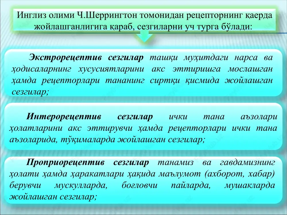 giyada tuyish tanachalari va sezuvchi nervning chekka tarmoqlari zichligi ekstiziometr asbobi yordami bilan o'lchanadi. asbob keriladigan ikki oyoqli tsirkuldan tashkil topgan, bo'lib, uning o'zagidagi darajalar oyoqlarning uchlari o'rtasidagi masofani o'lchaydi. tuyish sezgilarining markazi bosh miya po'stining orqadagi markaziy nuqtasida joylashgan deb taxmin qilinadi. tuyish sezgilarining tashqi, ya'ni fizik sababi bu biron- bir narsalarning teriga bevosita tegishidir. muskul-harakat sezgilari motor sezgilar deb nomlanib, ularga og'irlikni, qarshilikni, organlar harakatini bilish sezgilari kiradi. ularning organlari–gavda muskullari, paylar, bo'g'imlardan iboratdir. organlarning tarkibida sezuvchi nervlarning chekka tarmoqlari mavjud bo'lib, ularning ta'sirida harakat va statik sezgilar vujudga keladi. muskul – harakat sezgilarining fizik sababi muskullarga ta'sir etuvchi narsalarning mexanik tazyiqi va gavda harakatlaridir. statik sezgilar gavdaning fazodagi holatini sezish va muvozanat saqlash sezgilari deb ataladi. organik sezgilarga quyidagilar kiradi: og'riq sezgilari; chanqoq sezgilari; noxush tuyg'ular; ochlikni sezish. sifat – mazkur sezgining asosiy xususiyati bo'lib, uni boshqa sezgi turlaridan farqlaydi va ayni shu sezgi turi doirasida o'zgarib …