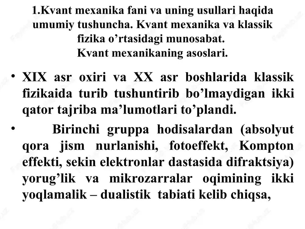 bergan va tarqatgan foton impulslarining vektor yig’indisi eynshteyn 1907 yilda plank g’oyalarini umumlashtirib qattiq jismlar issiklik sig’imining 1-kvant nazariyasini ko’rdi . u quyidagi mulohazalarga tayandi: qattiq jismlarda issiqlik xarakati asosan atomlarning tebranishiga keltiriladi; shuning uchun issiqlik hodisalarini o’rganishda qattiq jism turli chastotalarda tebranayotgan osstillyatorlar to’plamiga dinamik ekvivalent, bunday osstillyatorlar energiyasi ham kvantlashgan. yuqori temperaturalarda molyar issiklik sig’im uchun eynshteyn nazariyasidan klassik fizikada ma’lum bo’lgan dyulong-pti qonuni, past temperaturalarda esa mashhur “eksponentsial“ qonuniyat kelib chiqadi. eynshteyn nazariyasini turli aniqliklar kiritish yo’li bilan rivojlantirib, 1912 yilda nemis fiziklari peter debay, maks born va t.karmanlar kristall qattiq jismlar issiqlik sig’imining tajribaga mos kelgan kvant nazariyasini yaratdilar. 1913 yilda 27 yoshli daniyalik fizik nils borning “atomlar va molekulalarning tuzilishi haqida“ nomli ilmiy maqolasi e’lon qilindi. bu ishda bor plankning osstillyator energiyasi qiymatlarini kvantlashishi haqidagi gipotezasini atomning 1911 yilda ingliz fizigi ernest rezerford taklif etgan planetiar modelini nazariy asoslashga tadbiq etdi. bu modelga ko’ra atomning …