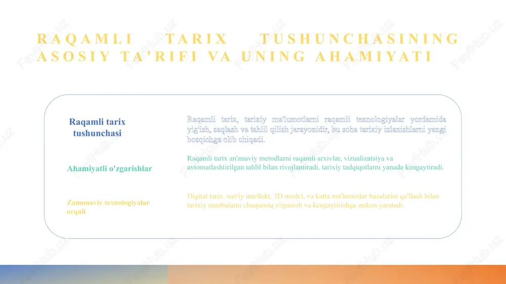 , muhim voqealar va madaniy meros raqamli shaklda saqlanmoqda. rivojlanish yo'llari rivojlanish yo'llari innovatsion texnologiyalar, milliy arxivlar va ta'lim tizimlarida raqamli ma'lumotlarni keng joriy qilish bilan bog'liq, davlat va xususiy sektor hamkorligi muhim. amaliy tatbiqlari raqamli tarix o'zbekiston tarixiy ma'lumotlarini vizualizatsiya qilish, onlayn arxivlar yaratish va tarixiy tadqiqotlarni yengillashtirishda keng qo'llanilmoqda. muammolar va imkoniyatlar asosiy muammo texnologik infratuzilma va malakali kadrlarning yetishmasligi, ammo yangi loyihalar va xalqaro hamkorlik bilan imkoniyatlar kengaymoqda. raqamli tarix tushunchasining kelajakdagi istiqbollari va imkoniyatlari 01 yangi texnologiyalar imkoniyatlari sun’iy intellekt, katta ma’lumotlar va virtual haqiqat kabi texnologiyalar raqamli tarixni kengaytiradi, yangi metodlar va arxivlarni rivojlantirish imkonini beradi. 02 interaktiv va vizualizatsiya imkoniyatlari raqamli tarixda interaktiv grafikalar, 3d modellar va vizualizatsiya usullari yordamida tarixiy ma’lumotlarni yanada tushunarli va jozibali qilish mumkin. 03 o‘zbekiston uchun rivojlanish istiqbollari milliy arxivlar va ta’lim muassasalari raqamli texnologiyalarni joriy etib, tarixiy bilimlarni kengaytirish va yosh avlodni mustahkamlash uchun katta imkoniyatlar yaratmoqda. tarixiy …
