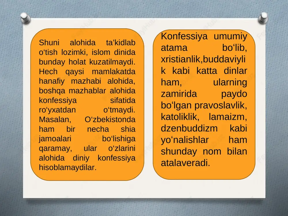iya markazlarida diniy rasm-rusumlar va marosimlar qonunchilikda belgilangan tartibda, shu joylardagi fuqarolarning iltimoslariga ko‘ra o‘tkazilishi mumkin. davlat bilan diniy tashkilotlar o'rtasidagi munosabatlarni muvofiqlashtirish, vijdon erkinligi va diniy tashkilotlarda qonun ijrosini nazorat qilib turish o'zbekiston respublikasi vazirlar maxkamasi huzuridagi din ishlari bo'yicha qo'mita zimmasiga yuklatilgan. * * din o'z mohiyatiga ko'ra: -imon-e'tiqod; -shariat, marosim, amallar majmui; -muqaddaslik (sakral) tafakkuri; -axloqiy-ma'naviy tarbiya; -diniy ilmlarni o'z ichiga oladi va muayyan tizimga ega totalitar (mutloq) mafkurani tashkil etadi. * * dunyoviy davlat o'z tabiatiga ko'ra: -demokratik tamoyillarga; -spekulyar (dunyoviy) tafakkurga; -mafkuralar xilma-xilligiga; -xalq irodasiga tayanadi va hech bir mafkuraning mutloq ustunligiga yo'l qo'ymaydi; * * davlat va diniy tashkilotlar orasidagi munosabatning to'rt jihati aniq belgilangan: 1) davlat diniy tashkilotlarga hech bir vazifa yuklab, uni bajarishni talab qilmaydi. 2) diniy tashkilotlarning qonunga zid bo'lmagan ishlariga aralashmaydi. 3) diniy tashkilotlar davlat vazifalarini bajarmaydi. 4) davlat diniy tashkilotlar faoliyatini, ayni vaqtda, ateistik targ'ibot faoliyatini mablag' bilan ta'minlamaydi. …