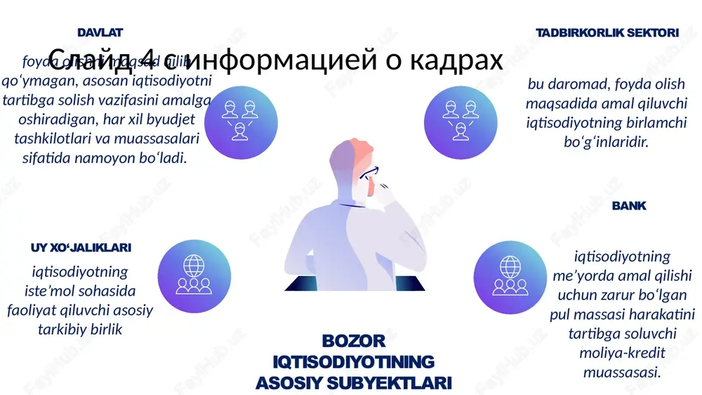 isodiyotining afzalliklari va ziddiyatlari bozor iqtisodiyotining asosiy ziddiyatlari quyidagilar hisoblanadi: raqobatning kuchsizlanishiga yo‘l qo‘yish va uni rag‘batlantirish; jamiyat a’zolari daromadlaridagi tengsizlikning kuchayib borishi va aholining tabaqalanishi; ijtimoiy ne’matlar va xizmatlarni ishlab chiqarib, bozorga taklif qilishga qodir emaslik; tovarlar hajmi bilan pul massasi o‘rtasidagi ro‘y berib turadigan nomuvofiqlikni bartaraf eta olmaslik. slayd 8 s informatsiey o kadrax 12 turli shakllardagi mulkchilikning mavjud bo‘lishi va unda xususiy mulkchilikning ustun turishi tadbirkorlik va tanlov erkinligi bozor iqtisodiyotining muhim va umumiy belgilari 1 2 3 4 slayd 7 s informatsiey o kadrax 5 raqobat kurashning mavjudligi davlatning iqtisodiyotga cheklangan holda aralashuvi korxona va firmalarning ichki va tashqi shart-sharoitlar o‘zgarishlariga moslashuvchanligi 13 3. bozor tushunchasi, uning vazifalari va turlari slayd 6 s informatsiey o kadrax bozor tushunchasi bozor iqtisodiyotining markaziy kategoriyasi bo‘lib, iqtisodiyot nazariyasida ham, xo‘jalik yuritish amaliyotida ham, barcha mamlakatlar tajribasida ham qo‘llaniladigan ilmiy-amaliy tushunchadir. «bozor» va «bozor iqtisodiyoti» tushunchalari bir-biridan farqlanadi. bozor jamiyatda …
