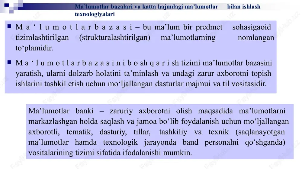 big data axborot hajmi gigabaytdan (109bayt)terabaytgacha (1012bayt) petabaytdan (1015bayt) eksabaytgacha (1018bayt) saqlash usuli markazlashgan markazlashmagan ma’lumotning strukturasi strukturalashgan yarim strukturalashgan va strukturalashmagan ma’lumotlarni saqlash va qayta ishlash modeli vertikal model gorizantal model ma’lumotlarning bog’lanishi kuchli kuchsiz an'anaviy va big data ma'lumotlar bazasining qiyosiy jadvali. katta ma'lumotlar bu har xil vositalar, yondashuvlar va tarkibiy tuzilmalarni qayta ishlash usullari bo'lib, ularni aniq vazifalar va maqsadlar uchun ishlatish uchun ishlatiladi. strukturalashmagan ma'lumotlar - bu oldindan belgilangan tuzilishga ega bo'lmagan yoki ma'lum tartibda tashkil qilinmagan ma'lumotlar. katta ma'lumotlar - bu nafaqat ma'lumotlarning o'zi, balki ularni qayta ishlash va ishlatish texnologiyalari, kerakli ma'lumotlarni katta massivlarda topish usullaridir. katta ma'lumot uchun meta group tomonidan 2001 yilda ishlab chiqilgan an'anaviy aniqlovchi xususiyatlar "ularni" 3 v»: ovoz (volume) - jismoniy hajmning qiymati. tezlik (varety) - o'sish sur'ati va natijalarni olish uchun ma'lumotlarni tezkor qayta ishlash zarurati. turli xillik (velosyte) - har xil turdagi ma'lumotlarni bir vaqtning o'zida qayta …