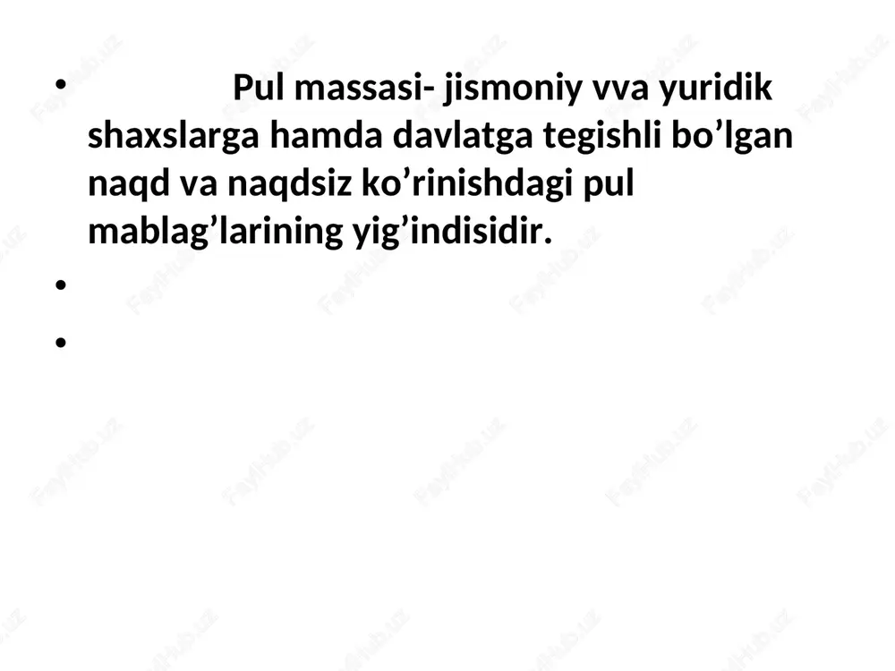ozitlar, muddatli depozitlar, jamg’arma depozitlari, xorijiy valyutadagi depozitlar. har bir davlatning markaziy banklari tomonidan milliy valyuta va narxlar barqarorligini hamda barqaror iqtisodiy o’sishni ta’minlab turish maqsadida muomaladagi pul massasi miqdori tartibga solib turiladi. buning uchun asosan m2 pul agregatidan va rezerv pullardan foydalaniladi hamda ular bo’yicha pulga bo’lgan talab va taklifdan kelib chiqqan holda maqsadli ko’rsatkichlar, ya’ni yil davomida o’sish sur’atlarining aniq chegaralari belgilab olinadi. shu sababli, markaziy banklar monetar siyosat vositalaridan samarali foydalangan holda, muomaladagi pul massasi hajmini, pul bozori holati va bank tizimi likvidliligini o’zgartirish orqali butun iqtisodiyotga ta’sir qiladi va tartibga soladi. undan tashqari, xorijiy mamlakatlarda naqd pulsiz hisob-kitoblar tizimi rivojlanganligi tufayli naqd pullarga bo’lgan talab kamayib bormoqda. shu sababli, naqd pullarning yalpi pul massasi tarkibidagi salmog’i ham kichik. ushbu ko’rsatkich aqshda o’rtacha 9,2 foizni, yaponiyada 10,4, germaniyada 6,1, frantsiyada 7,9, buyuk britaniyada 2,6, xitoyda 7,5, gongkongda 4,3, janubiy qo’riyada 3,8, singapurda 6,6 va malayziyada 6,1 foizni …