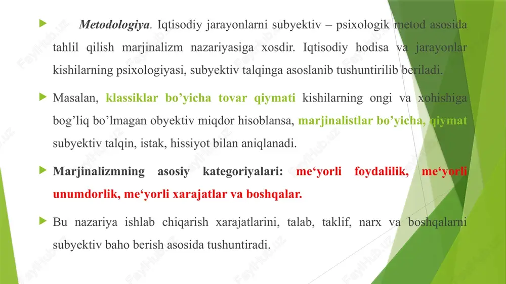 hal etishga imkon beruvchi formula – «ochil dasturxondir». me’yorli foydalilik nazariyasiga binoan tovarlar narxi asosida mehnat sarflari bilan aniqlanadigan qiymat emas, balki ushbu buyumning foydaliligi yotadi. me’yorli foydalilik nazariyasi tarafdorlari tovarda mujassamlashgan mehnat natijasi sifatidagi qiymatga foydalilik kategoriyasini, odamning narsaga bo’lgan munosabatini ifodalovchi sub’ektiv baholashni qarshi qo’yadi. qiymatning mehnat nazariyasida mehnat sarflarining bevosita o’lchovi ish vaqti hisoblanadi. tovar qiymati induvidual ish vaqti bilan emas, balki ijtimoiy zaruriy atalmish ish vaqti bilan o’lchanadi. ijtimoiy zaruriy ish vaqti me’yorl ishlab chiqa-rish sharoitda, o’rtacha mahorat va mehnat intensivligida muayyan iste’mol qiymatni ishlab chiqarishga ketgan vaqt bilan ifoda-lanadi. oddiy qilib aytganda, qiymat ishlab chiqarishda yaratiladi, bozorda esa namoyon bo’ladi. mana shu erda me’yorli foydalilik nazariyachilari e’tiroz bildiradilar. uning ma’nosi nimadan iborat? agar tovar bozorda xarid qilingan bo’l-sa, bu jarayon o’sha tovarni ishlab chiqarishga kimdir sarflagan ijtimoiy zaruriy mehnat xarajatlarini baholash uchun amalga oshirilmaydi, balki bu tovar xaridor uchun muayyan foydali sama-raga ega bo’lganligi uchun, …