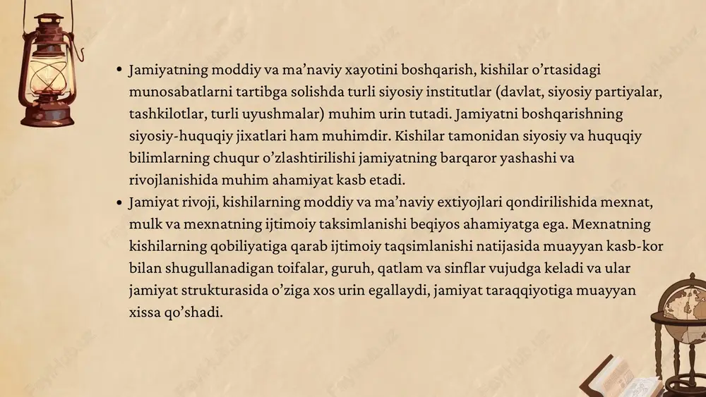 yordam beradi. insonning jamiyatdagi faol ishtiroki, erkinligi va axloqiy yondashuvi jamiyatning barqaror va adolatli rivojlanishiga olib keladi. shu bois, har bir yosh avlod jamiyat falsafasini o‘rganish orqali o‘z shaxsiy hayotiga, atrofdagi ijtimoiy muhitga va kelajakdagi taraqqiyotga ongli tarzda hissa qo‘sha oladi. bu esa, o‘z navbatida, barqaror, madaniyatli va axloqiy jihatdan yetuk jamiyat qurish uchun mustahkam poydevor bo‘lib xizmat qiladi. jamiyat falsafasi insoniyat tarixida doimo markaziy mavzulardan biri bo‘lib kelgan. bu soha inson va jamiyat o‘rtasidagi murakkab, ko‘p qirrali munosabatlarni o‘rganish orqali ijtimoiy hayotning mohiyatini tushunishga yordam beradi. jamiyat — bu oddiy insonlar yig‘indisi emas, balki maqsad, qadriyat, madaniyat va ijtimoiy institutlar asosida birlashgan faol tizimdir. inson esa bu tizimning nafaqat mahsuli, balki uni shakllantiruvchi asosiy subyektidir. jamiyat falsafasi — inson va jamiyat o‘rtasidagi murakkab aloqalarni, ijtimoiy taraqqiyot jarayonlarini, qadriyatlar va ijtimoiy institutlarning rolini o‘rganadigan chuqur nazariy sohaga aylandi. u nafaqat o‘tmishni tushunishga, balki bugungi va kelajakdagi jamiyatni anglashga ham yordam …