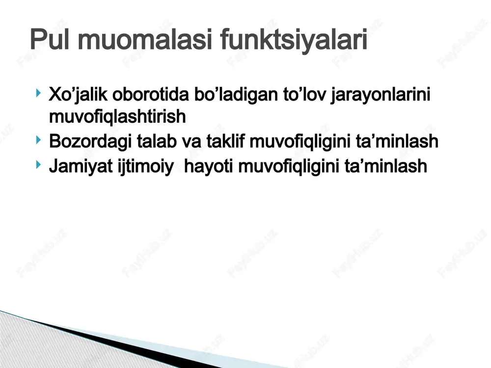 o’rsatadi. mk- monetizatsiya koeffitsienti pul muomalasining belgilangan muddat va belgilangan davr uchun miqdoriy o‘zgarishlarini bilish uchun, shuningdek pul massasi hajmi va o‘sish su’ratlarini tartibga solish bo‘yicha tadbirlarni ishlab chiqarish uchun turli xil ko‘rsatkichlar (pul agregatlari) dan foydalaniladi. 4. pul agregatlari va ularning tarkibi aqsh da pul massasini aniqlash uchun 4 ta pul agregati, yaponiya va germaniyada – 3 ta, angliya va frantsiyada – ikkita pul agregatidan foydalaniladi. pul agregatlari – bu pul massasini muqobil o’lchash imkoniyatini beruvchi ko’rsatkichlardir. pul agregatlari: m0, m1, m2, m3, m4 va l kabi pul agregatlari va ularning tarkibi hamda hisoblash mexanizmi. jahon bank amaliyotida m0, m1, m2, m3, m4, l kabi turli pul ko’rsatkichlari, ya’ni agregatlaridan foydalaniladi. ular jumlasiga muomaladagi naqd pullar, kvazi pullar, rezerv pullar, milliy va xorijiy valyutadagi yalpi pul massasini kiritish mumkin. ammo, ko’pchilik davlatlarning bank statistikasida asosan m2 va m3 pul agregatlaridan foydalanadi. ta’kidlash joizki, kamdan-kam davlatlar m4 pul agregatini ishlatadi …