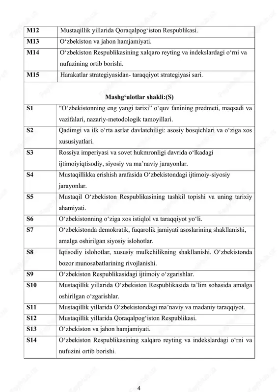 hlarini ko‘tarishning tarixiy va siyosiy ahamiyati. 12 siyosiy-huquqiy sohadagi ustuvor halqaro reytinglar va ularga o‘zbekistonning integratsiyalashuvi. 13 iqtisodiy va ijtimoiy sohadagi ustuvor halqaro reytinglar va ularga o‘zbekistonning integratsiyalashuvi. 14 o‘zbekistonning xalqaro tashkilotlar bilan hamkorlik aloqalari. 15 o‘zbekistonning markaziy osiyoda tinchlik va barqarorlikni ta’minlashdagi o‘rni. rahbariy adabiyotlar: 1 mirziyoyev sh.m. milliy taraqqiyot yo‘limizni qat’iyat bilan davom ettirib, yangi bosqichga ko‘taramiz. t. 1. - toshkent: o‘zbekiston.. 2017. 2 mirziyoyev sh.m. buyuk kelajagimizni mard va oliyjanob xalqimiz bilan birga quramiz. - toshkent: o‘zbekiston. 2017. 3 mirziyoyev sh.m. qonun ustuvorligi va inson ma’nfaatlarini ta’minlash – yurt taraqqiyoti va xalq farovonligining garovi. o‘zbekiston respublikasi 9 konstitutsiyasi qabul qilinganining 24 yiligiga bag‘ishlangan tantanali marosimidagi ma’ruzasi. - toshkent: o‘zbekiston. 2017. 4 mirziyoyev sh.m. erkin va farovon, demokratik o‘zbekiston davlatini birgalikda barpo etamiz. - toshkent: o‘zbekiston. 2017. 5 mirziyoyev sh. yangi o‘zbekiston taraqqiyot strategiyasi. to‘ldirilgan ikkinchi nashri. - toshkent: “o‘zbekiston” nashriyoti, 2022. - 416 bet. asosiy adabiyotlar: 1 …