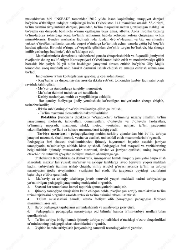 · virtual pedagogika pedagogika fanining taraqqiyotiga ta’sir etuvchi ayrim jihatlar · matematik-statistik, biopsixologik va gnoseologik-semasiologik fanlari natijalaridan keng foydalanish asosida pedagogikaning boshqa insonshunoslik fanlari bilan mustahkam aloqalarini o’rnatish va ilmiy bilimlarning integratsion jarayonini chuqurlashtirish. · dunyoni pedagogik anglashning nazariy-fundamental doirasini kengaytirish, ya’ni fanning ilmiy maqomi va ijtimoiy funktsiyasini saqlab qolish uchun nazariyadan amaliyotga tomon harakatlanish kerak. · pedagogik fanlar taraqqiyotini ta’minlashda matematik-statistik va semantik-semasiologik axborot manbalaridan tizimli foydalanish. · ijtimoiy xulq-atvor me’yorlarini optimallashtirish, ijtimoiy munosabatlarni tartibga solish mexanizmlarini boshqarishda pedagogik jarayonni axborotlashtirishga alohida e’tibor qaratish. · pedagogika o’z rivojining individual traektoriyasini saqlab qolishi hamda boshqa fanlarning tushuncha va kategoriyalaridan o’rinsiz foydalanish hisobiga uning tushunarsiz va murakkablashuviga olib kelmaslik. · global planetar muammolarni hal etish uchun shaxslararo, millatlararo va davlatlararo munosabatlarni insonparvarlashtirish va ahloqiy me’yorlarning to’liq ta’minlanishiga doir ilmiy-tadqiqotlarni amalga oshirish. pedagogik kontseptsiyalarning turlari: 1. avtoritar maktab (bixevioristik pedagogika). 2. insonparvarlik maktabi (neopedotsentrizm, ekzisten-tsializm, neopozitivizm). insonparvarlik pedagogikasi yangicha tarbiyalash va “progressi-vizm”, …