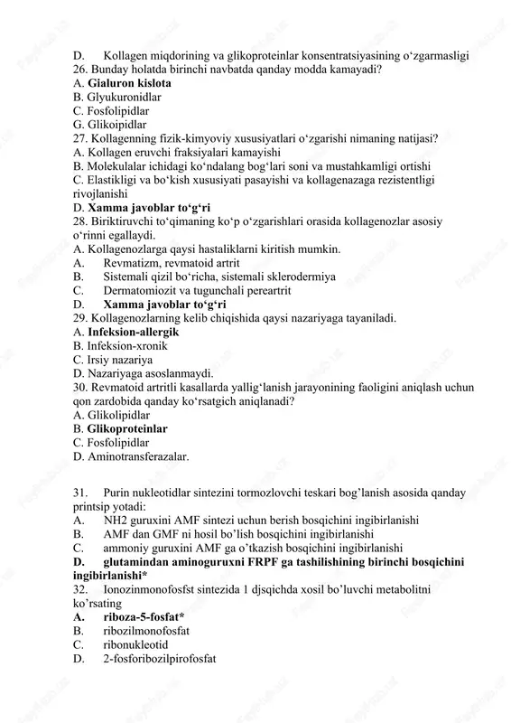 nukleotid qismidir d. karboksilazalar kofermentidir 35. nukleotidlar bajaradigan asosiy funksiyasini tanlang? a. nuklein kistola polimeri b. nuklein kistola polimeri c. allosterikmarkaz d. nukein kislota monomeri* 36. nuklein kislota tarkibiga kiruvchi nukleotidni tanglang? a. sitidindifosfat b. adenozindifosfat c. adenozinmonofosfat* d. adenozintrifosfat 37. nuklein kislota molekulasi tuzilishining struktur darajasini tanglang a. to'rlamchi b. bog'langan c. birlamchi* d. qutbli 38. dnktarkibiga kiruvchi 1 ta nukleotid a. r-tmf b. r-adf c. d-amf* d. r-gdf 39. rnktarkibiga kiruvchi 1 ta nukleotid a. smf* b. tmf c. imf d. adf 40. ushbu rasmda 2-raqamda nima ifodalangan a. dezoksiriboza* b. riboza c. ribuloza d. nukleozid 41. ushbu rasmda 3-raqamda nima ifodalangan a. nukleozid b. nukleotid c. purin asoslari* d. pirimidin asoslar* 42. ushbu rasmda 4-raqamda nima ifodalangan a. nukleozid* b. nukleotid c. purin asoslari d. pirimidin asoslar 43. ushbu rasmda 5-raqamda nima ifodalangan a. nukleozid b. nukleotid* c. purin asoslari d. pirimidin asoslar 44. ushbu rasmda 5-raqamda …