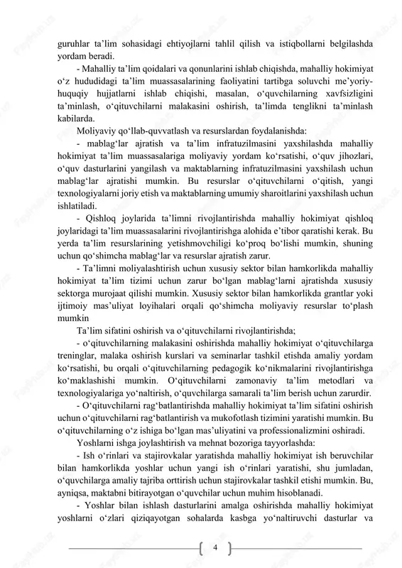 alarida sog‘lom turmush tarzini targ‘ib qilishga qaratilgan dasturlar tashkil etish. bularni o‘qituvchilar va o‘quvchilar o‘rtasida jismoniy faollik, ovqatlanish madaniyati va psixologik salomatlikni yaxshilashga qaratilgan tadbirlar sifatida amalga oshirish mumkin. - sog‘liqni saqlash mutaxassislari bilan jismoniy tarbiya, psixologik sog‘liq, giyohvandlik va boshqa sog‘liqni saqlash masalalari bo‘yicha o‘qituvchilar va o‘quvchilar uchun maxsus treninglar tashkil etish. bu o‘z navbatida, o‘quvchilarni sog‘lom hayot tarziga yo‘naltiradi. - sog‘liqni saqlash markazlari bilan hamkorlikda sog‘liqni saqlash tashkilotlari va ta’lim muassasalari o‘rtasida tibbiy ko‘riklar, psixologik yordam, ruhiy salomatlikni ta’minlashga qaratilgan tashkiliy tadbirlar o‘tkazilishi mumkin. shuningdek, mahalliy hokimiyatlar va ta’lim muassasalari o‘rtasidagi hamkorlik, ayniqsa, ta’lim tizimini rivojlantirish, jamiyatni ijtimoiy va iqtisodiy jihatdan yaxshilashga qaratilgan tadbirlarni amalga oshirish uchun muhim ahamiyatga ega. mahalliy hokimiyat ta’lim tizimiga doir siyosatlarni ishlab chiqish, moliyaviy resurslarni taqdim etish, hamda mahalliy jamoalarni qo‘llab-quvvatlash orqali samarali hamkorlikni yo‘lga qo‘yishi mumkin. quyida mahalliy hokimiyat va ta’lim muassasalari o‘rtasidagi hamkorlikni mustahkamlash uchun amalga oshiriladigan tadbirlarga misollar ko‘rib chiqamiz: …