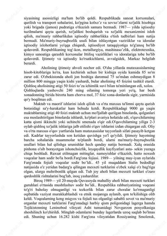 di. o'zbekistonda qonunchilik buzildi, o'zboshimchalik va qatag'onning yangi davri avj oldi. ming-minglab iqtidorli, rahbarlik mahoratini puxta egallagan rahbar kadrlar, paxtakorlar, ter to'kib mehnat qilgan halol kishilar qamoqqa olindi. hibsga olingan respublika partiya va davlat organlarining rahbarlari esa moskva qamoqxonalariga tashlandi. tergov xodimlari 30— yillarda ishlatilgan yaramas usullar-dan foydalanib, hibsga olinganlarni qiynab, boshqalar ustidan to'qil-gan aybnomalarni ularning qo'li bilan qaytadan yozdirib olardi va bu «aybnoma» tobora ko'p begunoh odamlarni qamashga asos bo'lib qolardi. 25 mingga yaqin kishi qiynoq ostiga olinib, so'roq qilindi. 4,5 mingdan ko'proq kishi sud qilinib, turli muddatlarga ozodlikdan mahrum etildi. o'sha yillarda o'zbekiston kompartiyasi mqning birinchi kotibi bo'lib uzoq yillar ishlagan, o'zbek xalqining baxt-saodati yo'lida samarali faoliyat ko'rsatgan sh.r. rashidovning nomi ham badnom qilindi. vafot etib ketgan partiya va davlat arbobining ruhini bezovta qilish nima uchun kerak bo'lib qoldi? o'zbekistonning, o'zbek xalqining sha'ni-shavkati va qadr-qiymatini oyoq osti qilish uchun kerak bo'lgan edi. buni anglamagan, ayrim mahalliy rahbar xodimlar …