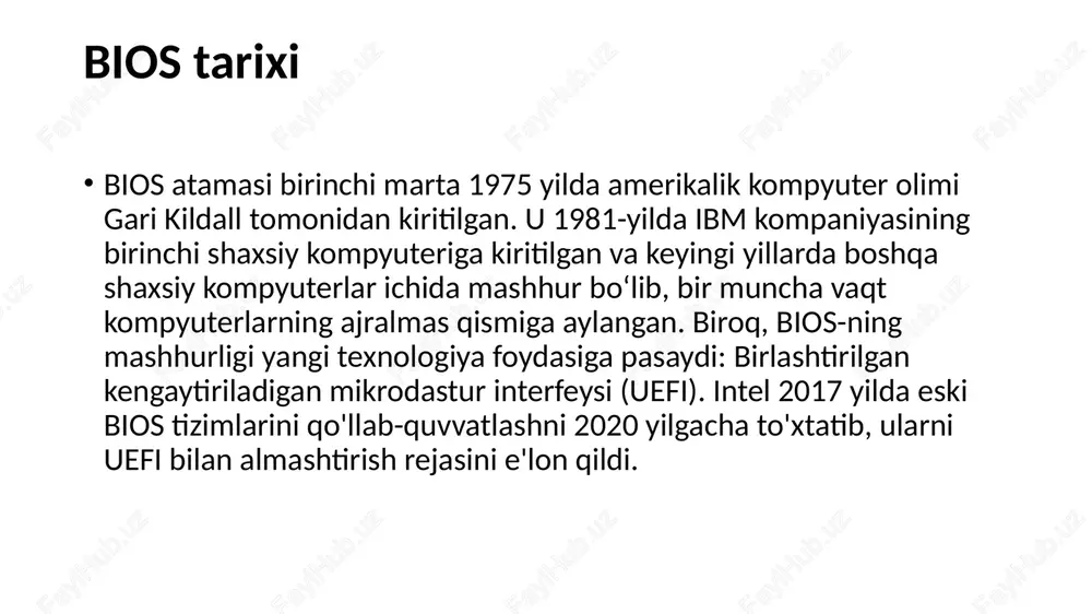 i teskari loyihalashtirdilar. feniks bu bilan boshqa kompaniyalarga ibm pc klonlarini yaratishga va eng muhimi, bios bilan ishlaydigan ibm bo'lmagan kompyuterlarni yaratishga imkon berdi. buni amalga oshirgan kompaniyalardan biri compaq edi. bugungi kunda ko'plab ishlab chiqaruvchilar bios chiplari bo'lgan anakartlarni ishlab chiqaradilar. ba'zi misollar quyidagilardir: ami asus foxconn hewlett packard (hp) riko anakart ishlab chiqaruvchisini bilish juda muhim, chunki foydalanuvchilar o'zlarining bios va chipset drayverlarini - operatsion tizimning kompyuterdagi boshqa qurilmalar, masalan, video karta bilan ishlashini ta'minlaydigan drayverlarni eng so'nggi versiyalarga yangilashni xohlashlari mumkin. drayver yangilanishlari kompyuter ish faoliyatini yaxshilashi yoki so'nggi bios darajasidagi xavfsizlik zaifliklarini tuzatishi mumkin. har bir ishlab chiqaruvchi ushbu drayverlarni yangilashning o'ziga xos usuliga ega. xulosa bios (basic input/output system) — kompyuterning asosiy tizim dasturi bo'lib, uning vazifasi kompyuterning apparat qismini ishga tushirish va operatsion tizimni yuklash uchun kerakli asosiy funksiyalarni ta'minlashdir. bios kompyuterning "boshlanish nuqtasida" ishga tushadi va qurilmalar bilan ishlashni boshqaradi. u kompyuterning har …