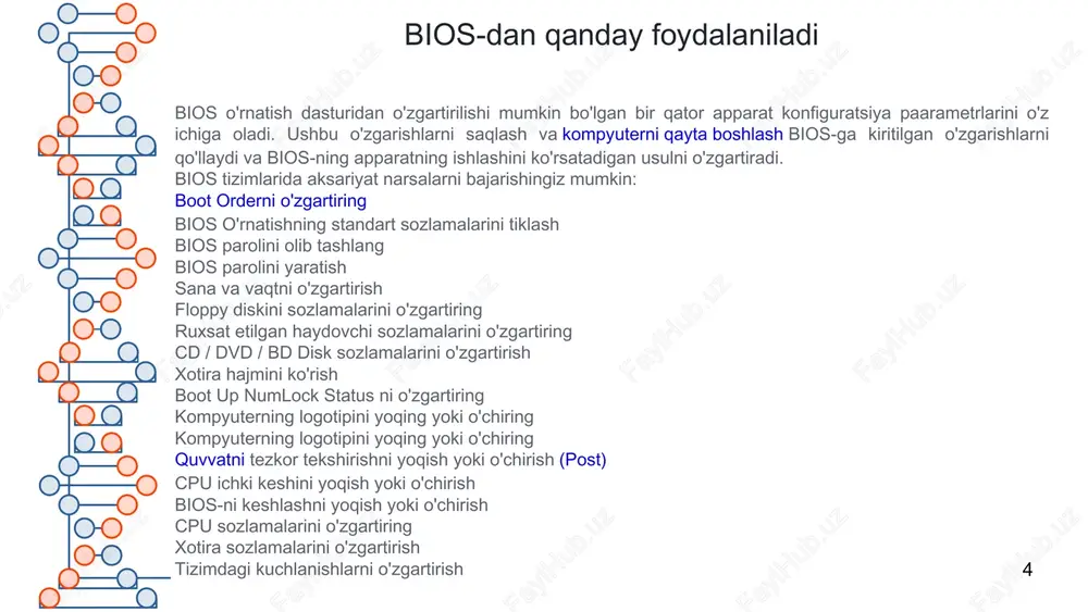 dan qochishdir, bu esa korruptsiya mavjud bo'lsa, zararni bartaraf etish uchun qayta tiklash jarayoni sodir bo'lishi mumkin bios tekshiruv summasini mo'ljallangan qiymat bilan mos kelishini tasdiqlash orqali to'liq yangilash amalga oshirilganligini tekshirishi mumkin. agar u bo'lmasa va anakart dualbiosni qo'llab-quvvatlasa, bu bios zahirasi buzilgan versiyani yozish uchun tiklanishi mumkin. bios ba'zi bir ibmning zamonaviy kompyuterlarida zamonaviy bios-lari kabi interaktiv emas edi, lekin buning o'rniga faqat xato xabarlarini yoki signal ohanglari ko'rsatildi . buning o'rniga jismoniy kalitlarga va o'tish joylariga o'zgartirishlar kiritilgan. 1990-yillarga qadar bios-setup utility (bios konfiguratsion yordam dasturi yoki bcu deb nomlanuvchi) keng tarqalgan amaliyotga aylangan. 11 image1.png image2.png image3.png image4.png image5.png