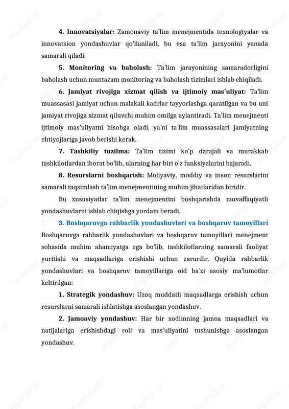 un resurslarni samarali ishlatishga asoslangan yondashuv. 2. jamoaviy yondashuv: har bir xodimning jamoa maqsadlari va natijalariga erishishdagi roli va masʼuliyatini tushunishga asoslangan yondashuv. 3. innovatsion yondashuv: taʼlimni takomillashtirish va zamonaviy talablarga moslashtirish uchun yangiliklarni joriy etishga yoʻnaltirilgan yondashuv. boshqaruv tamoyillari va yondashuvlari tashkilotga oʻz maqsadlariga erishishda yordam beradi va xodimlarning samarali faoliyat yuritishini taʼminlaydi. har bir yondashuvning oʻziga xos afzalliklari va kamchiliklari bor, shuning uchun rahbarlar vaziyatga qarab mos yondashuvni tanlashlari kerak. 4. taʼlim menejmentining funksiyalari taʼlim menejmentining funksiyalari bir qator muhim vazifalarni oʻz ichiga oladi. ular quyidagilardan iborat: 1. rejalashtirish: taʼlim jarayonini samarali tashkil etish uchun maqsad va vazifalarni belgilash, resurslarni taqsimlash va oʻquv dasturlarini ishlab chiqish. 2. tashkillashtirish: taʼlim tizimida muhim resurslarni (oʻqituvchilar, oʻquvchilar, moddiy-texnik baza) toʻgʻri joylashtirish va ularni samarali ishlatish. 3. boshqarish: taʼlim jarayonini nazorat qilish, oʻqituvchilar va oʻquvchilarning faoliyatini boshqarish, zarur boʻlganda oʻzgarishlar kiritish. 4. motivatsiya: oʻqituvchilar va oʻquvchilarning motivatsiyasini oshirish, ularning qiziqishlarini ragʻbatlantirish va …