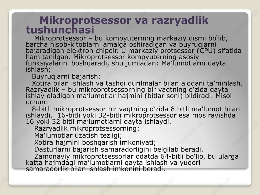 709,551,616 bayt) xotirani qo‘llab-quvvatlaydi. bu esa katta hajmdagi ma’lumotlar bilan ishlashni talab qiladigan dasturlar uchun zarur bo‘lishi mumkin. masalan, katta o‘lchamdagi video, grafikalar, ilmiy hisob-kitoblar, va boshqa murakkab dasturlar. 2. yuqori ishlash tezligi 64-bitli protsessorlar bir vaqtda kattaroq va tezroq ma’lumotlarni qayta ishlay olish imkoniyatiga ega. bu dasturlarni ko‘proq va tezroq bajarishga yordam beradi. ular ma’lumotlarni ko‘proq bitlar bilan uzatadi, bu esa ishlashni tezlashtiradi. 3. yuqori samaradorlik 64-bitli tizimlar ko‘proq bitlar bilan ishlaganligi sababli, bir vaqtning o‘zida ko‘proq hisob-kitoblarni amalga oshira oladi. bu ko‘p vazifali ishlashda samarali bo‘ladi va foydalanuvchiga tizimni tezroq ishlatish imkonini beradi. 4. operatsion tizim va dastur qo‘llab-quvvatlash 64-bitli mikroprotsessorlar zamonaviy operatsion tizimlar (masalan, windows 10/11, macos, linux) va 64-bitli dasturlarni ishlata oladi. ular 32-bitli dasturlarni ham ishga tushira oladi, ammo 32-bitli tizimlarda ishlaydigan dasturlarni yuqori samaradorlik bilan ishlatolmaydi. 5. kengaytirilgan ko‘p vazifali ishlash (multitasking) 64-bitli mikroprotsessorlar ko‘p vazifalarni bir vaqtning o‘zida samarali bajarishga imkon beradi. bu, …