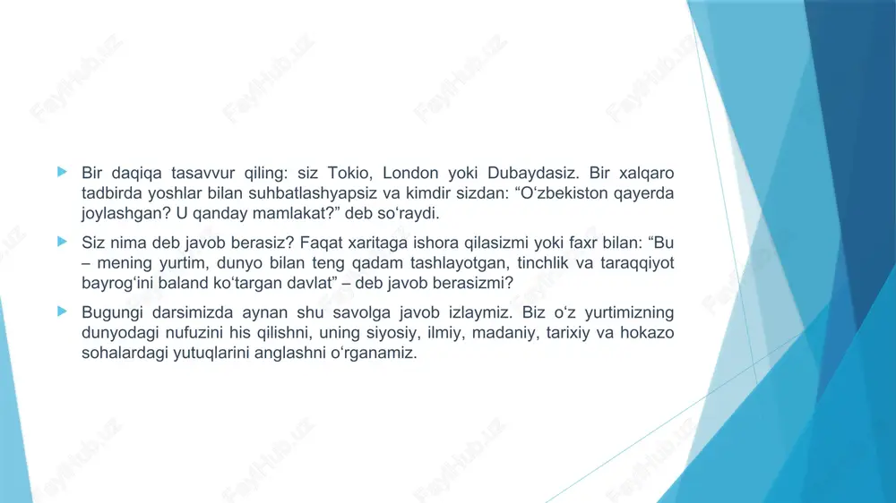 do‘stona munosabatlarni tiklash uchun aynan o‘zbekiston vositachilik qildi. jahonning qaynoq nuqtalarida bo‘layotgan mojarolarni ham muzokaralar yo‘li bilan tinch hal etishni targ‘ib qilamiz. bugun dunyoning top universitetlarida yuzlab o‘zbekistonlik yoshlar tahsil olyapti va tadqiqotlar qilyapti. masalan, botir qobilov, 2024-yilda harvard universitetida raqamli iqtisodiyot sohasida tadqiqotlar qilishni boshladi. shuningdek, mamlakatimiz ilmiy tadqiqot institutlari ham jahonning yetakchi universitetlari bilan hamkorlikda loyihalar qilishmoqda. masalan, genetik olimlarimiz harvard universiteti bilan hamkorlikda loyiha qilishyapti. yaqinda buyuk britaniyaning oksford universitetida o‘zbekshunoslik dasturi ochildi, uning ochilish marosimida prezident administratsiyasi rahbari saida mirziyoyeva ishtirok etdi. sportdagi yutuqlarimiz sportda ham muvaffaqiyatlarimiz katta. diyora keldiyorova, oksana chusovitina, ulug‘bek rashitov kabi sportchilar o‘zbekiston bayrog‘ini jahon arenalarida baland ko‘tardilar. bolajonlar, kelinglar hozir olimpiya chempionimiz diyora keldiyorovaning xalqaro maydonda o‘zbekiston nomini va bayrog‘ini baland ko‘tarib chiqqani haqidagi hikoyasini o‘zidan eshitamiz. image1.jpeg image2.jpeg image3.jpeg image4.jpeg image5.jpeg image6.png image7.jpeg /docprops/thumbnail.jpeg
