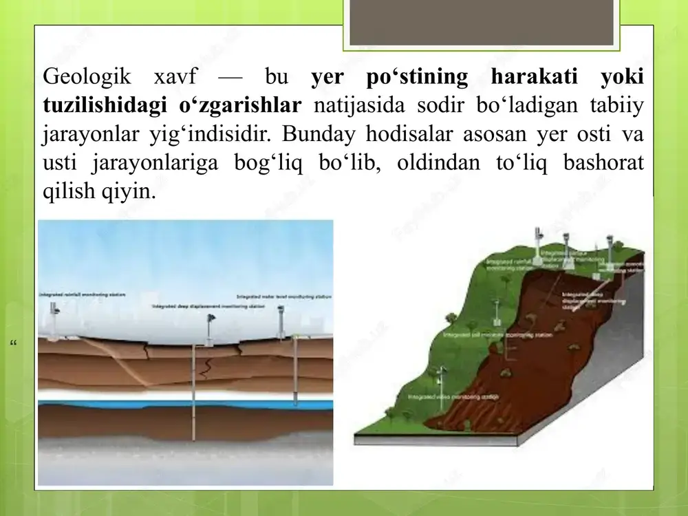 ish yo‘nalishida turli dasturlar, ilmiy loyihalar va texnik yordam mexanizmlari ishlab chiqilgan. birlashgan millatlar tashkiloti, yunesko, jahon meteorologiya tashkiloti kabi yirik tuzilmalar tabiiy ofatlar xavfini kamaytirish bo‘yicha mamlakatlarga metodik, moliyaviy va texnik ko‘mak beradi. kelgusida xalqaro hamkorlikni yanada kengaytirish orqali xavfli hududlarni o‘rganish, erta ogohlantirish tizimlarini takomillashtirish hamda aholining xavfsizligini ta’minlash bo‘yicha yangi istiqbollar ochiladi. xalqaro hamkorlik — bu geologik va gidrometeorologik xavflarni kamaytirish, ularning oqibatlarini yengillashtirish hamda aholini himoya qilish sohasida turli mamlakatlar o‘rtasida tajriba, ma’lumot va texnologiyalar almashinuvini nazarda tutadi. tabiiy ofatlar milliy chegaralarni tan olmagani sababli, ularni bartaraf etishda xalqaro miqyosda hamkorlik qilish muhim ahamiyat kasb etadi. bir davlat hududida sodir bo‘lgan tabiiy ofat qo‘shni mamlakatlarga ham ta’sir ko‘rsatishi mumkin. shu bois, global miqyosda xavflarni kamaytirish yagona tizim asosida olib borilishi lozim. xalqaro tashkilotlarning roli birlashgan millatlar tashkiloti (bmt) — favqulodda vaziyatlarni boshqarish, ekologik xavfsizlikni ta’minlash va iqlim o‘zgarishiga qarshi global dasturlarni amalga oshiradi. yunesko, jahon sog‘liqni …