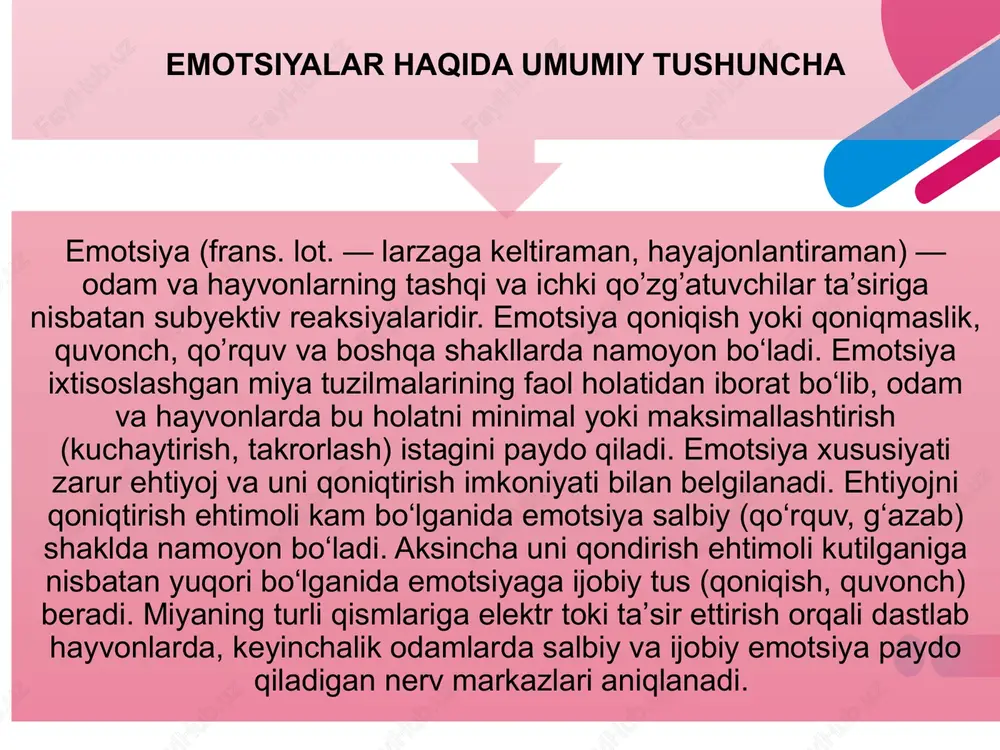 essiya sub’yektiv munosabatlarni, aksincha munosabatlarni aks ettiradigan emotsiyalarni namoyon qilish vositasi hisoblanadi. sub’yektiv munosabatlar emotsiyalar orqali aks ettiriladi( namoyon bo’ladi). bunday holatda sub’yektiv munosabatlar, emotsiyalar va ekspressiya o’rtasidagi aloqa quyidagicha ko’rinishga ega bo’ladi: sub’yektiv munosabatlar > emotsiyalar > ekspressiya. p. jane (1928) emotsiyalarni xulq-atvor bilan bog’laydi va emotsiyaning vazifasi – uni tashkillashtirish, deb hisoblaydi. p. fress xulq-atvor boshqarishini yo’qotishga olib keladigan reaksiyalarni, emotsiyalar deb hisoblaydi: «...rohatlanish emotsiya hisoblanmaydi ... his-hayon va ichki kechinmalarimizning intensivligi bizni chalg’itishi kerak emas. xursandchilik uning intensivligi oqibatida o’z rekasiyalarimiz ustidan boshqaruvni yo’qotgan taqdirdagina, emotsiya bo’la oladi: uning belgilari hayajonlanish, bir-biriga bog’liq bo’lmagan jumlalar va to’xtovsiz kulish » (1975). emotsiyalarning fiziologik mexanizmlari so'nggi yillarda fanda emotsiya (his-hayajon)larning fiziologik mexanizmlariga doir ko'pgina ma’lumotlar to'plandi. odamning emotsional faoliyatida bosh miya po'stlog'i, undan quyiroqda joylashgan miya tuzilmalari, vegetativ asab sistemasi, shuningdek, gormonlar va mediatorlar qatnashadi. odamning emotsional hayotida bosh miya po'stlog'i va u bilan bog'liq bo‘lgan ikkinchi signal sistemasi …
