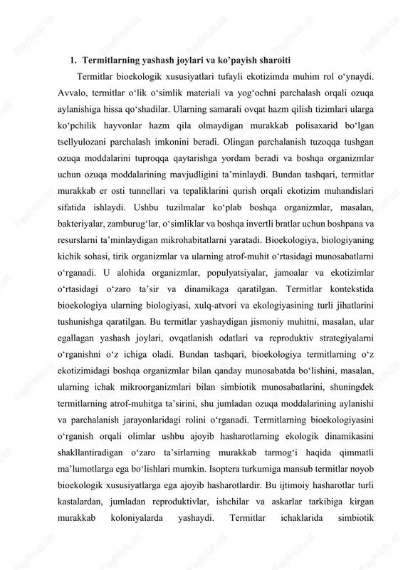 n mashhur. bu xususiyat ularga yog‘ochdan oziq-ovqat manbai sifatida foydalanishga imkon beradi va ekotizimlarda ozuqa moddalarini qayta ishlashda hal qiluvchi rol o‘ynaydi. bundan tashqari, termitlar o‘zlarining ajoyib qurilish qobiliyatlari, uylari bo‘lib xizmat qiladigan nozik uyalar qurishlari bilan mashhur. ushbu tuzilmalarda ko‘pincha murakkab tunnel tizimlari, ventilyatsiya shaftalari va kameralari mavjud bo‘lib, termitlarga boshqariladigan ichki muhitni saqlashga imkon beradi. turli xil moslashuvlari va ekologik ahamiyati bilan termitlar hasharotlar jamiyatining murakkab dunyosiga jozibali kashfiyot taklif qiladi. termit taksonomiyasi ularning jismoniy xususiyatlari, xatti-harakatlari va ekologik roliga asoslanadi. termitlarning uchta asosiy oilasiga bo‘lingan 3000 dan ortiq termit turlari ma’lum: termitidae, kalotermitidae va rhinotermitidae. termitidae oilasi eng katta va eng xilma-xil bo‘lib, barcha termit turlarining taxminan 60% ni tashkil qiladi. termitidae tarkibiga kiradigan kenja oilalarga macrotermitinae va apicotermitinae va boshqalar kiradi. kalotermitidae oilasi odatda quruq yog‘och termitlari sifatida tanilgan va tuproq bilan aloqa qilishni talab qilmaydigan turlarni o‘z ichiga oladi. rhinotermitidae oilasi rhinotermitinae va heterotermitinae kabi …