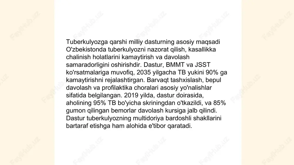 tlari qayd etiladi. ularning aksariyati osiyo va afrika mintaqalarida uchraydi. davolash muddati odatiy tbga nisbatan ancha uzoqroq, ko‘pincha 18-24 oy davom etadi. ushbu turi an’anaviy tbga qaraganda davolash uchun qiyinroq bo‘lib, muvaffaqiyatli davolash darajasi nisbatan pastroq: taxminan 50-60% atrofida. ravoqlashmagan tb holatlari va noto‘g‘ri davolash usullari bu kasallikni kuchaytirishi mumkin. ... t.me/slaydai_bot 9. aholini ma’lumotlantirish va xabardorlik darajasini oshirish nuqtai nazaridan o‘zbekiston statistikasiga ko‘ra, 2022 yilda aholining 65% internetdan faol foydalanib, ma’lumot olishga imkon yaratdi. elektron hukumat xizmatlari orqali 2019 yilga nisbatan 20% ko‘proq fuqaro xabar oldi. ta’lim va sog‘liqni saqlash sohalarida xabardorlik kampaniyalari orqali ishtirok etganlar soni 15% ga oshdi. yevropa ittifoqining o‘zbekistondagi loyiha ko‘magida axborot markazlari soni 12 tadan 50 tagacha ko‘paytirildi, bu esa xabardorlik darajasini sezilarli darajada oshirdi. shuningdek, an’anaviy ommaviy axborot vositalari orqali tarqatilgan ma’lumotlarning qamrovi 2018 yilga nisbatan 30% ga o‘sdi. ... t.me/slaydai_bot 10. vaksinatsiya va immunizatsiya dasturlari. 10. vaksinatsiya va immunizatsiya dasturlari butun dunyoda …