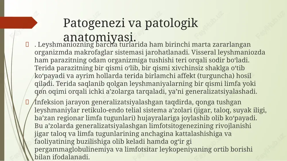 (hozirgi davrda hatto elektron mikroskop) ostida ko‘riladi. i.a.kassirskiy taklif etgan — to‘sh suyagini punksiya qilish usuli xavfli bo‘lganligi va bundan ko‘p qon olib bo‘lmasligi tufayli 1950- yillardan boshlab yonbosh suyagiga punksiya qilish usulidan foydalanib kelinmoqda � serologik usullardan — kompliment biriktirish reaksiyasi, immunoferment analiz (ifa) va boshqalar qo‘llanadi. biologik usullaridan ham foydalanish mumkin. davolash. � hozirgi davrda leyshmaniozni davolashda qo‘llanilayotgan dorilar orasida 5- valentin surma preparatlari eng samarali hisoblanadi. � preparat tizimda ko‘rsatilgan dozada har kuni bir marta, katta yoshdagi bemorlarga esa u dozani ikkiga bo‘lib, yarmini ertalab, qolgan yarmisini kechqurun venaga yuboriladi. agar 7-5 marta yuborilgandan so‘ng bemorning ahvoli tuzalishga boshlanmasa, preparat dozasini bolalarga har bir kilogramm og‘irligiga 0,15 g dan, kattalarga — 0,12 g dan oshirish kerak bo‘ladi � s u r m a preparatlari bemorda zotiljam, nefrit va sariqlik bo‘lgan taqdirda juda ehtiyotlik bilan qo‘llanmog‘i kerak. davolash chog‘ida dizenteriya, toksik dispepsiya, pnevmoniya, difteriya, skarlatina singari kasalliklar qo‘shilgan …