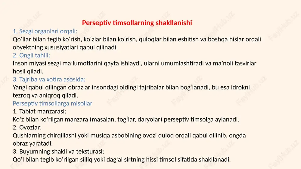shan qilamiz, bu idrokimizni boshqa kishilar uchun ham aniqlaymiz shu jumladagi idrokning mazmuni, asosan, odam hosil qilgan tajribaning boyligi, unda tafakkur va xayolning nechog‘li taraqqiy qilganligi bilan belgilanadi. idrok birinchi signal sistemasi ikkinchi signal sistema idrokning faolligi va kuzatish idrok jarayonlari faqat tevarak-atrofdagi narsalarning sezgi organlarimizga ta’sir qilib turishlari natijasidagina emas, balki shu bilan birga idrok qilayotgan odam o'zining olamni bilish va amaliy faoliyatida yon atrofidagi narsalarga ta’sir ko'rsatishi natijasida ham vujudga keladi. idrokning faolligiga, avvalo unga bog'liq bo'lgan hissiy kechinmalar sabab bo'ladi. his-tuyg'ular idrokning faollik darajasini kuchaytiradi, idrok sharoiti bo'lgan boshqa psixik jarayonlarning ildamlik darajasiga ta’sir qiladi: bu jarayonlarni tezlatadi yoki susaytiradi. xayol diqqat idrokning faolligini oshiradi va idrokning mukammal, raso va ravshan bo'lishiga xizmat qiladi ixtiyoriy ixtiyorsiz muayyan bir obyektni oldindan maqsad qilib olmasdan va maxsus tanlanmasdan, kuch sarf etmasdan idrok qilish o'zining yorug'ligi, rang-barangligi, harakati, xushohangligi, kontrastligi bilan ajralib turadigan ehtiyoj va manfaatimizga javob beradigan, shaxsiy tajriba …