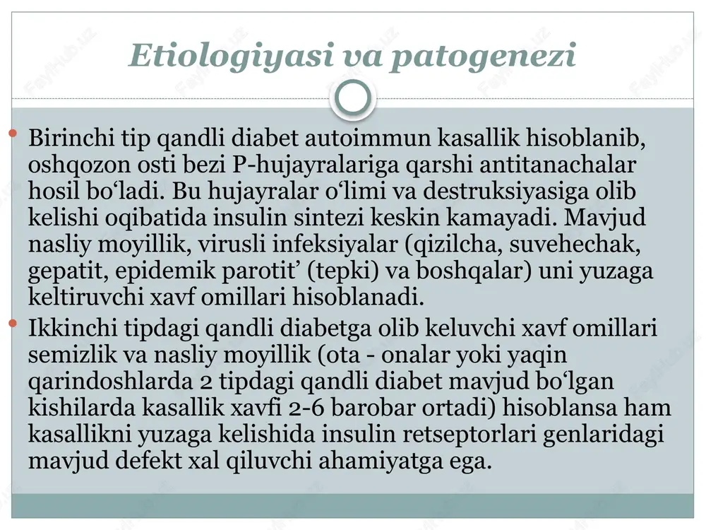tonemiya va tizimli atsidoz kuzatiladi. belgilari bemorlarda chanqash, glyukozuriya oqibatida kuzatiladigan poliuriya rivojlanadi. ammo ushbu belgilar asoratsiz kechuvchi qandli diabetdan farqli o‘laroq, yaqqol namoyon bo‘lgan mushak kuchsizligi (yurishning, gapirishning qiyinlashishi) bilan kuzatiladi. deyarli barcha bemorlar anoreksiya, ko‘ngil aynishi va qayt qilishga shikoyat qiladilar. ayrim hollarda, qorinda og‘riqlar bo‘lishi mumkin. ko’ruvda bemor terisi quruq, elastikligi pasaygan, ko‘z soqqalari yumshoq va mushaklar gipotoniyasi aniqlanadi. nafas olganda chiqaradigan havodan atseton hidi keladi bemor depressiv holatda bo‘ladi. bemorlarda atrofdagilar bilan muloqotda bo‘lish istagi yo‘qolib boradi savollarga qiyinlik bilan javob beradilar. kussmaul nafas olish boshlanadi. keyinroq nafas olish shovqinlari yo‘qolib, bemorda yuqori giperglikemiya, atsidoz, organizmning keskin suvsizlanishi sababli diabetik ketoatsidoz belgilari rivojlanib borib soporoz holat yuzaga keladi va so‘ngra koma rivojlanadi. qon manzarasida: qonda glyukoza miqdorining oshishi (300 mg/% dan 600-1000 mg/% gacha), giperketonemiya (me’yoridan 10-20 marta ko‘payib ketishi), arterial qonda rn ko‘rsatkichini 7,3 past bo‘lishi, siydikda glyukozuriya va atsetonuriya diabetik ketoatsidozga xos laborator belgilar …