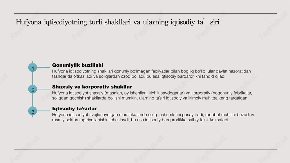zorat qilishda texnologik yondashuvlar va ularning roli. 1 innovatsion texnologiyalar hufyona iqtisodiyotni nazorat qilishda raqamli texnologiyalar, big data va sun’iy intellekt imkoniyatlari yordamida aniqlik va samaradorlik oshirilmoqda. bu usullar yordamida noqonuniy faoliyatlar tezda aniqlanadi va oldi olinadi. 2 ma’lumotlar tahlili katta hajmli ma’lumotlar va avtomatlashtirilgan tahlil usullari yordamida, hufyona iqtisodiyotdagi muhim indikatorlar va tendensiyalar aniqlanadi. bu, hukumat va xususiy sektor uchun muhim strategik vositadir. 3 texnologik hamkorlik davlat va xususiy sektor o’rtasida texnologik hamkorlik va ma’lumot almashinuvi hufyona iqtisodiyotning nazoratini yanada samarali qilish imkonini beradi. bu yondashuv qonunbuzarliklarni kamaytirishga yordam beradi. o‘zbekiston sharoitida hufyona iqtisodiyotning aniqlash va nazorat qilishda hukumat va xususiy sektor hamkorligi. 1 raqamli texnologiyalar - hukumating va xususiy sektorning hamkorligi uchun raqamli texnologiyalar asosiy vositadir. ular yordamida hufyona iqtisodiyot aniqlash va nazorat qilish samaradorligini oshirish mumkin. 2 hukumat va xususiy sektor hamkorligi - bu hamkorlik orqali qonunbuzarliklarni aniqlash, monitoring qilish va jarimalarni qo‘llash jarayonlari yanada samarali bo‘ladi, …