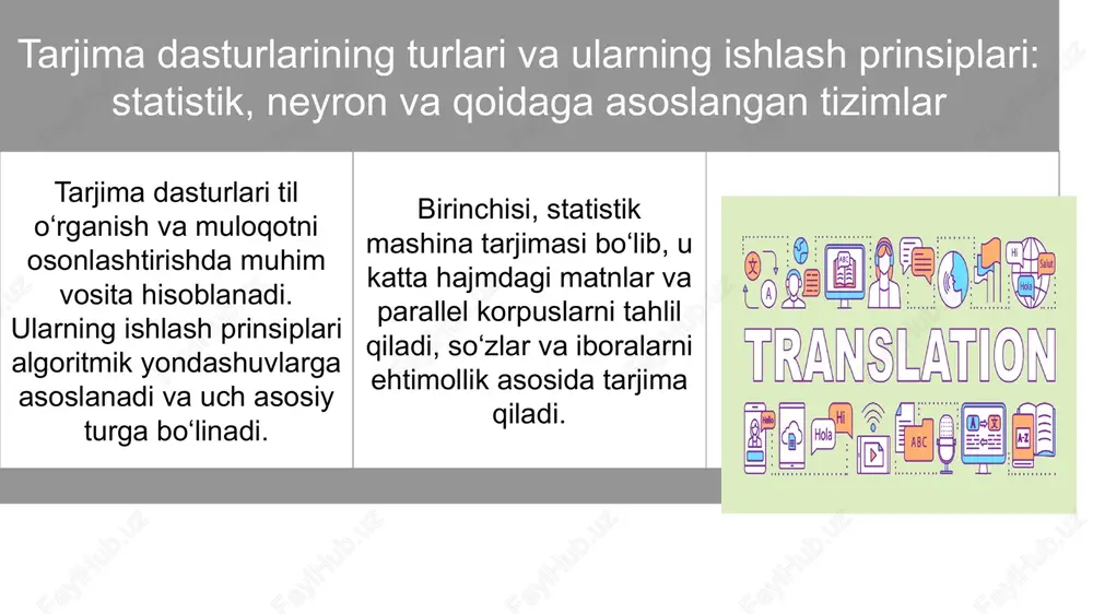 moslashuvchanlik va tabiiylik jihatida cheklangan. 3. muammo: tarjima dasturlari ba’zan texnik, ilmiy yoki ixtisoslashgan matnlarni noto‘g‘ri tarjima qiladi. 4. muammo: ba’zi tillar va dialektlar dasturlarda to‘liq qo‘llab-quvvatlanmaydi, bu foydalanuvchilar uchun cheklov yaratadi. yechim: neyron tarmoqlarga asoslangan tizimlar yoki gibrid tizimlarni qo‘llash orqali kontekstni hisobga oluvchi va tabiiy tarjima qilish mumkin. yechim: statistik va neyron tizimlar bilan birlashtirib gibrid tizim yaratish, shunda qat’iylik va tabiiylik uyg‘unlashadi. yechim: maxsus sohalar uchun moslashtirilgan korpus va ma’lumotlar bazasini yaratish, soha terminologiyasini dasturga integratsiya qilish. yechim: ochiq manbali platformalarni rivojlantirish va yangi tillarni tizimga qo‘shish orqali tarjima imkoniyatlarini kengaytirish. tarjima qiluvchi dasturlar va ularning qiyosiy tahlili 1. tarjima dasturlari qaysi asosiy turlarga bo‘linadi? a) statistik, neyron, qoidaga asoslangan b) matnli, audio, video c) mobil, veb, desktop d) onlayn, oflayn, arxiv 2. google translate qaysi tizimga asoslangan? a) qoidaga asoslangan b) statistik c) neyron tarmoqlar d) gibrid 3. apertium tizimi qaysi turga kiradi? a) neyron b) …