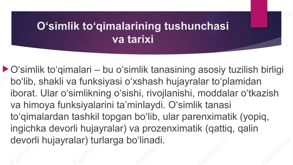toʻqimalar mexanik toʻqimalar: mustahkamlik beradi. - kollenxima: tirik, elastik hujayralar, yosh poyalarda (ikki pallali oʻsimliklarda). sklerenxima: oʻlik, ligninli qattiq hujayralar (tolalar, sklereidlar), yogʻoch va urugʻ qobigʻida. vazifasi: shakl saqlash va himoya. negeli sklerenximaning lignin tarkibini aniqlagan. toʻqimalarni oʻrganishdagi zamonaviy tadqiqotlar - meristem tadqiqotlari: apikal meristemning genetik regulyatsiyasi oʻrganilib, oʻsimliklarning oʻsish tezligini oshirish uchun gen muhandisligi usullari qoʻllanilmoqda. masalan, paxta navlarida meristem faoliyatini optimallashtirish orqali hosildorlikni oshirish boʻyicha tajribalar oʻtkazilmoqda. - ksilema va iqlim oʻzgarishi: iqlim oʻzgarishi sharoitida oʻsimliklarning suv taʼminoti muammosini hal qilish uchun ksilema hujayralarining tuzilishi va suv oʻtkazuvchanligi oʻrganilmoqda. oʻzbekistonda amudaryo va zarafshon vodiylaridagi oʻsimliklarning ksilema tuzilishi qurgʻoqchilikka moslashishda muhimligi aniqlangan oʻzbek olimlarining yangi hissalari - olimov s.s. (toshkent davlat agrar universiteti): paxta va sholi oʻsimliklarining sklerenxima va ksilema toʻqimalarini oʻrganib, ularning suv tejamkor navlarini tanlashda yordam berdi. uning “oʻzbek oʻsimliklarining anatomik tuzilishi” (2021) maqolasida paxta tolalarining qalin devorli hujayralari tahlil qilingan. raximova t. (samarqand davlat universiteti): dorivor …