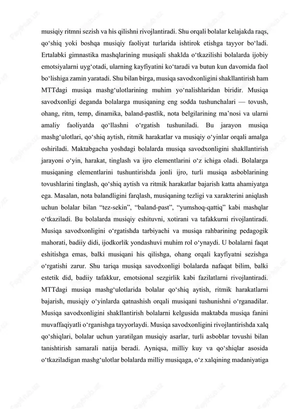 qa savodxonligini yanada boyitadi. xulosa qilib aytganda, mttda ertalabki gimnastikani musiqa jo‘rligida tashkil etish va musiqa savodxonligini shakllantirish bir-birini to‘ldiruvchi pedagogik jarayonlardir. ular bolalarda sog‘lom turmush tarzini, musiqiy tafakkurni, estetik didni, ijodkorlikni, jamoaviylikni rivojlantiradi. har bir tarbiyachi bu jarayonni puxta rejalashtirib, bolalar yoshiga mos musiqalarni tanlab, ularni his qilish va harakat bilan uyg‘unlashtirish orqali maktabgacha yoshdagi bolalarda musiqaga muhabbat, ritmni sezish va harakat madaniyatini shakllantiradi. shu tariqa musiqa va jismoniy mashqlar uyg‘unligi orqali bolalarning har tomonlama barkamol, estetik jihatdan rivojlangan, musiqani his etuvchi shaxs bo‘lib voyaga yetishiga zamin yaratiladi. mttda ertalabki gimnastikani musiqa bilan o‘tkazish jarayonida tarbiyachi bolalarda mustaqil harakat qilishni, bir-biriga e’tibor berishni, jamoaviy uyg‘unlikni o‘rgatadi. ayniqsa, musiqa ritmiga mos holda harakatlarni bajarish bolalarda musiqiy ritmni sezish va his qilishni rivojlantiradi. shu orqali bolalar kelajakda raqs, qo‘shiq yoki boshqa musiqiy faoliyat turlarida ishtirok etishga tayyor bo‘ladi. ertalabki gimnastika mashqlarining musiqali shaklda o‘tkazilishi bolalarda ijobiy emotsiyalarni uyg‘otadi, ularning kayfiyatini ko‘taradi …