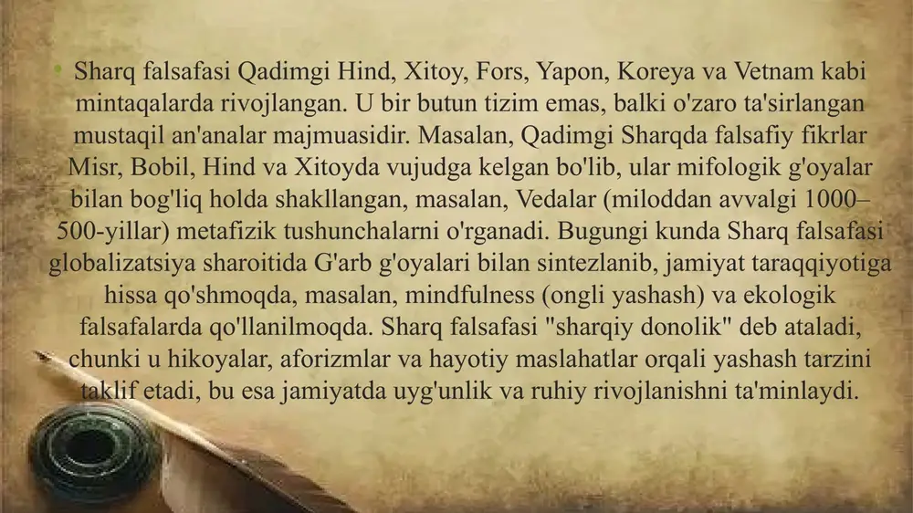 msa va ren kabi g'oyalar zo'ravonliksizlik, oila va jamiyat uyg'unligini ta'minlagan. konfutsianizm xitoy, koreya va yapon imperiyalarida byurokratik tizim va imtihonlarni shakllantirgan, masalan, xan sulolasida (miloddan avvalgi 206 – milodiy 220) konfutsiy klassikalari davlat ta'limi asosi bo'lgan. filial pietet (ota-ona hurmati) jamiyatni katta oila sifatida ko'radi. - ta'lim va madaniyat: nalanda universiteti (milodiy v–xii asrlar) kabi markazlar ilmni rivojlantirgan, buddizm va boshqa maktablarni o'qitgan. konfutsiy klassikalari ta'lim asosi bo'lgan. zamonaviyda neo-vedanta va yangi konfutsianizm ijtimoiy islohotlarga (masalan, gandhi satyagrahada ahimsa ni qo'llagan, ambedkar neo-buddizm orqali dalit huquqlarini himoya qilgan) hissa qo'shgan. yapon meiji restavratsiyasida (1868–1912) fukuzava yukichi g'arb va yapon qarashlarini birlashtirgan. ijtimoiy taraqqiyotdagi roli - iqtisodiy va siyosiy rivoj: legalizm qin imperiyasini birlashtirgan (miloddan avvalgi 221), arthashastra (chanakya) siyosiy falsafani taqdim etgan. zamonaviy xitoyda maoizm va juche (shimoliy koreya) ijtimoiy inqiloblarga asos bo'lgan. konfutsianizm iqtisodiy tenglikni ierarxiya orqali ta'minlagan, masalan, sharqiy osiyo iqtisodiy mo'jizalarida. - global ta’sir: sharq falsafasi …