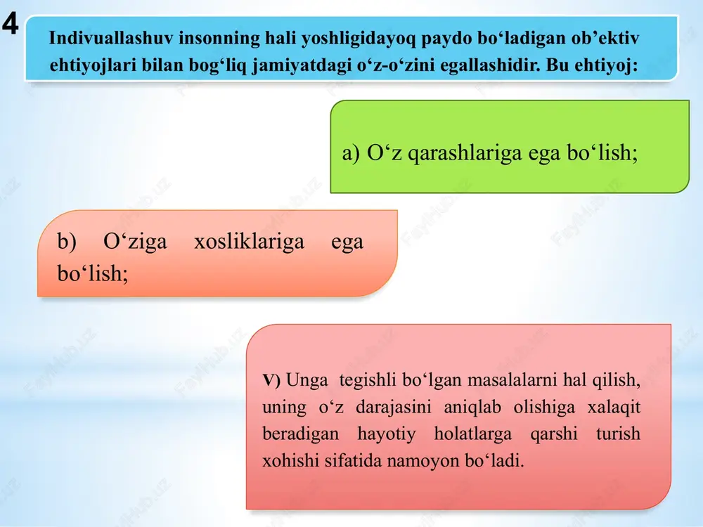 . noosfera – rivojlanishning shunday bosqichini aks etadigan tushunchaki, u bosqichda insonning ongli faoliyati global muammolarning paydo boʼlishi va hal etilishiga taʼsir qiladi. 14 14 noosfera – bu odamlarning bilim va ongli qarorlari butun tabiat va jamiyat hayotiga ta’sir qiladigan davr. demak, inson o‘zining har bir xatti-harakati orqali tabiat va kelajak uchun mas’ul. bola tarbiyasida misol: farzandga kichikligidan quyidagi odatlarni o‘rgatish: chiqindini ko‘chaga tashlamaslik, axlatni qutiga solish. bu – tabiatni asrash. daraxt ekish yoki uni sug‘orishda qatnashish. bu – kelajak uchun hissa qo‘shish. suvni behuda oqizmaslik, chunki tabiat resurslari cheklanganini anglash. kitob o‘qish va bilim olish, chunki bilimli inson noosferada ongli qarorlar qabul qiladi. 15 15 16 bu tamoyil shuni anglatadiki, bola tarbiyasi jamiyat va xalqning madaniy qadriyatlariga asoslanishi kerak. har bir xalqning o‘ziga xos urf-odati, qadriyati, yashash tarzi bor va tarbiya shu narsalarga mos bo‘lishi lozim. tarbiyaning madaniyatga muvofiqlik tamoyili. tarixiy manbalar: ingliz pedagogi jon lok, fransuz mutafakkiri klod …