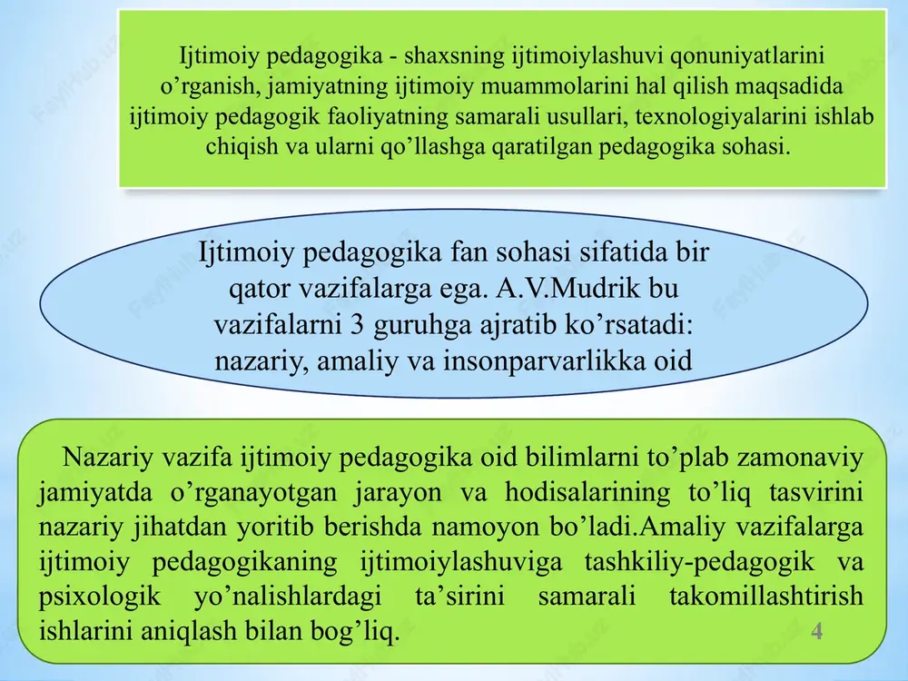 boshqalar. ijtimoiy tarbiya metodikasi ijtimoiy tarbiyani maqsadga muvofiq tashkil qilishning yangi usullari va metodlarini ishlab chiqadi. ijtimoiy tarbiya menejmenti va iqtisodiyoti bir tomondan jamiyatning “inson kapitali”ga bo‘lgan ehtiyojini, boshqa tomondan ijtimoiy tarbiyani tashkil qilishda foydalanishi mumkin bo‘lgan jamiyatning iqtisodiy resurslarini tadqiq etadi. - 12 12 ijtimoiy reabilitatsion vazifa – nogiron, jismoniy va ruhiy nuqsonlarga ega bolalar bilan tarbiyaviy va o‘quv ishlarini olib borishdir. bunda asosiy vazifalarni ijtimoiy pedagog bajaradi. falokatga uchragan bola(o‘smir)larga yordam ko‘rsatish, inqirozdan chiqish yo‘llarini topish, qiyin vaqtda qo‘llab-quvvatlashi; bola(o‘smir)ni, uning holatini, oila va maktabdagi munosabatlarini o‘rganishi; bolani o‘rab turgan va unga ta’sir qiluvchi turli ijtimoiy sohalardagi ijtimoiy tarbiya holatining tahlili; ijtimoiy pedagogikaning ijobiy tajribalarini tahlil qilishi, tarqatishi, targ‘ib qilishga qaratishi; u bola(o‘smir) faoliyatini o‘z-o‘zini tarbiyalash, o‘z-o‘zini o‘qitish va o‘z hayotini mustaqil tashkil qilishni bilishga qaratishi ; ijtimoiy pedagog bola (o‘smir) muammolarini hal qiluvchi, uning muammolari, huquqlariga aloqador tashkilot va mutaxassislarni birlashtirish bilan ham shug‘ullanishi; ijtimoiy tarbiyaning turli …