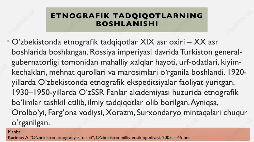 namoyon boʻladi. manba: karimov a. “oʻzbek musiqasi va raqslari”, etnografik san’at, toshkent, 2011. – 35–38-betlar ogʻzaki ijod va afsonalar oʻzbek xalqining ogʻzaki ijodi — bu avloddan-avlodga ogʻzaki tarzda oʻtib kelgan ertaklar, dostonlar, maqollar, topishmoqlar, afsonalar, latifalar, qoʻshiqlar va rivoyatlardir. bu asarlar xalqning tarixiy xotirasi, dunyoqarashi, axloqiy me’yorlari va estetik qarashlarini aks ettiradi. “alpomish”, “goʻroʻgʻli”, “rustam” kabi dostonlar xalq qahramonligini, vatanparvarlikni, sadoqatni ulugʻlaydi. maqollar va topishmoqlar esa xalq donishmandligining ifodasidir. ogʻzaki ijod etnografik tadqiqotlarda xalqning ruhiy-ma’naviy olamini tushunishda muhim manba hisoblanadi. manba: saytova i.s. “oʻzbek ogʻzaki ijodi”, etnografik adabiyot, toshkent, 2014. – 12–15-betlar. diniy e’tiqod va marosimlar oʻzbek xalqining diniy e’tiqodi asosan islom dini asosida shakllangan. islomiy qadriyatlar xalq urf-odatlari bilan uygʻunlashgan. ramazon va qurbon hayitlari, juma namozi, ziyoratlar, duolar, qur’on tilovati, marhumni yuvish va dafn etish marosimlari xalq hayotining ajralmas qismidir. diniy marosimlar orqali insonlar orasida mehr-oqibat, sabr-toqat, saxovat, poklik kabi qadriyatlar mustahkamlanadi. ayniqsa, mahalliy ziyoratgohlar — buxorodagi bahouddin naqshband, …