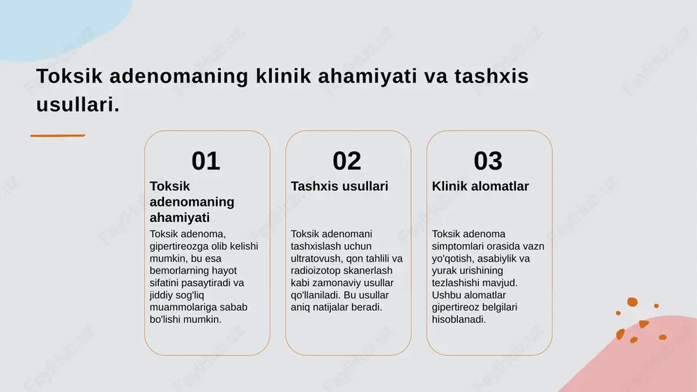shi ehtimoli mavjud. tiroksin va trijodtironin: gormonlarning roli. 1 tiroksin: ta'rifi tiroksin, qalqonsimon bez tomonidan ishlab chiqariladigan asosiy gormondir. u tanadagi metabolizm, energiya ishlab chiqarish va o'sishni boshqaradi. 2 trijodtironin: roli trijodtironin, tiroksin bilan birgalikda, tananing har bir hujayrasida energiya va metabolizm jarayonlarini muvozanatlaydi, shuningdek, organizmning rivojlanishini ta'minlaydi. 3 gormonlar va gipertireoz tiroksin va trijodtironin yuqori darajada ishlab chiqarilganda gipertireoz rivojlanishi mumkin, bu esa tez yurak urishi va vazn yo'qotish kabi simptomlarga olib keladi. toksik adenoma va gipertireoz: klinik ko'rinishlar. 01 toksik adenoma belgilari toksik adenoma belgilari gipertireozning umumiy alomatlarini o'z ichiga oladi: tez yurak urishi, vazn yo'qotish va asabiylik. bu simptomlar bemorning hayot sifatini pasaytiradi. 02 gipertireoz va diagnostika gipertireozni aniqlash uchun qon tahlillari, ultratovush va radiyodiyotlar o'tkaziladi. bu usullar toksik adenomaning mavjudligini va faoliyatini aniqlashga yordam beradi. 03 davolash yondashuvlari toksik adenomani davolashda radioaktiv yod va jarrohlik usullari qo'llaniladi. bu yondashuvlar gipertireoz belgilari va oqibatlarini kamaytiradi. xulosa toksik …