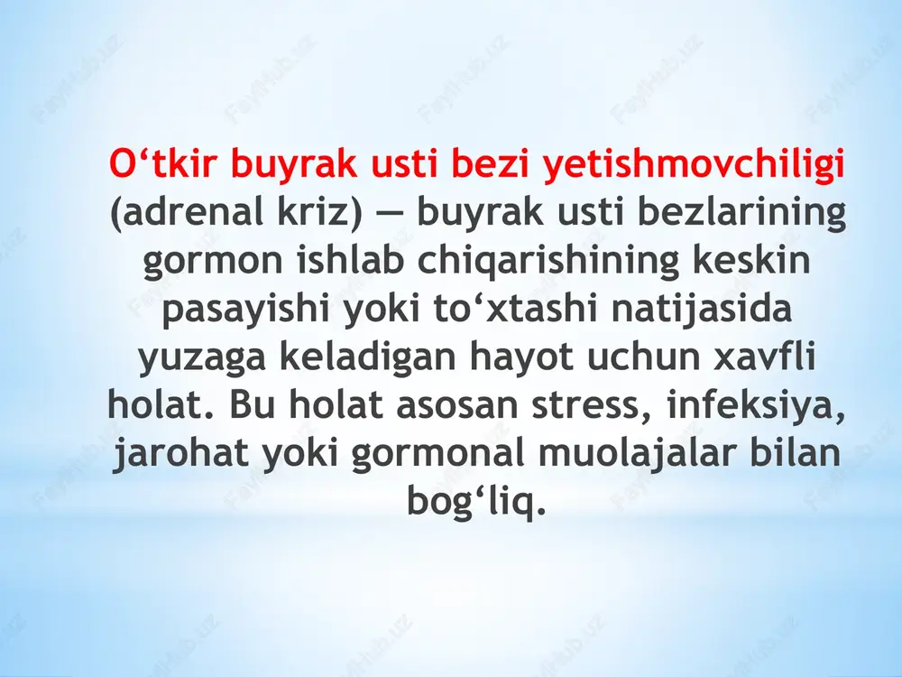 fiyasi (kt) yoki magnit-rezonans tomografiyasi (mrt): bezlarning aniq ko‘rinishi va patologik o‘zgarishlarni aniqlash. davolash to'rt yo'nalishda amalga oshiriladi: kortikosteroidlarni almashtirish terapiyasi. suvda eruvchan gidrokortizon preparatlari keng qo'llaniladi. bemorlarga tomir ichiga, kamroq mushak ichiga in'ektsiya buyuriladi. suvsizlanishni, gipoglikemiyani bartaraf etish. bemorlarga glyukoza eritmasi, fiziologik eritma, ringer eritmasini tomir ichiga tomchilab yuborish buyuriladi. dori vositalarining hajmi individual ravishda hisoblanadi va davolanishning oxiriga kelib asta-sekin kamayadi. elektrolitlar muvozanatini tiklash. gipokloremiya va giponatremiyani qoplash uchun natriy xlorid eritmasi va ichimlik sho'r suvining infuziyalari ko'rsatiladi. giperkalemiyani bartaraf etish uchun glyukoza va kaltsiy glyukonat eritmasi qo'llaniladi. semptomatik terapiya. zarur bo'lganda, detoksifikatsiyaga, yurak, qon tomirlari, nafas olish tizimining faoliyatini tiklash, kollaps, infektsiyalar, shok holatlari va oqsil almashinuvining buzilishi bilan kurashishga qaratilgan chora-tadbirlar ko'riladi. davolashga boshqa soha mutaxassislari jalb etilgan. davolash image1.jpeg image2.jpeg image3.png image4.png image5.png image6.png image7.png image8.png