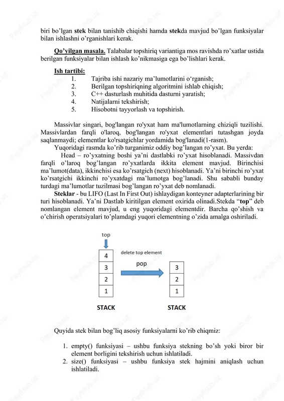 o’yxatlarda ikkita element mavjud. birinchisi ma’lumot(data), ikkinchisi esa ko’rsatgich (next) hisoblanadi. ya’ni birinchi ro’yxat ko’rsatgichi ikkinchi ro’yxatdagi ma’lumotga bog’lanadi. shu sababli bunday turdagi ma’lumotlar tuzilmasi bog’langan ro’yxat deb nomlanadi. steklar - bu lifo (last in first out) ishlaydigan konteyner adapterlarining bir turi hisoblanadi. ya’ni dastlab kiritilgan element oxirida olinadi.stekda “top” deb nomlangan element mavjud, u eng yuqoridagi elementdir. barcha qo’shish va o’chirish operatsiyalari to’plamdagi yuqori elementning o’zida amalga oshiriladi. quyida stek bilan bog’liq asosiy funksiyalarni ko’rib chiqmiz: 1. empty() funksiyasi – ushbu funksiya stekning bo’sh yoki biror bir element borligini tekshirish uchun ishlatiladi. 1. size() funksiyasi – ushbu funksiya stek hajmini aniqlash uchun ishlatiladi. 1. top() funksiyasi – ushbu funksiya stekning yuqoridagi elementiga murojaat uchun ishlatiladi. 1. push() funksiyasi – stekning yuqori qismiga element qo’shish uchun ishlatiladi. 1. pop() funksiyasi – stekning yuqori qismidagi elementni o’chirish uchun ishlatiladi. amaliy mashg’ulot topshirig’i: bu yerga sizga ajratilgan topshiriqni dasturiy qismi, ya’ni skreenshorti …