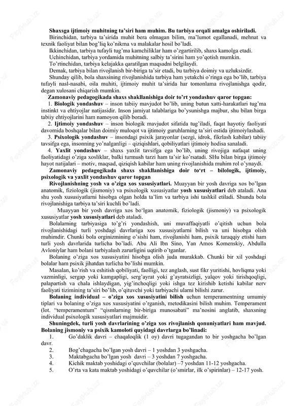 olash uchun uni turli munosabatlar jarayonida kuzatish lozim. demak, shaxsni rivojlantirish vazifasini to’g’ri hal etish uchun uning xulqiga ta’sir etuvchi omillar hamda shaxs xususiyatlarini yaxshi bilish zarur. tarbiya bolaga samarali ta’sir etishi uchun o’sish va rivojlanish qonuniyatlarini bilish va hisobga olish maqsadga muvofiq. shunday qilib, rivojlanish va tarbiya o’rtasida ikki tomonlama aloqa mavjud. inson, odam, shaxs ko'plab fanlarning o'rganish ob'ekti hisoblanadi. shaxs deganda muayyan jamiyatning a'zosi tushuniladi. ijtimoiy munosabatlarga kirishuvchi, ongi yuksak taraqqiy etgan, ijtimoiy taraqqiyotda ishtirok etuvchi odamgina shaxs deyiladi. shaxsning eng asosiy belgisi-uning ongli faoliyat egasi ekanligidir. ma'lumki kishi ongi faqat jamiyatda, boshqalar bilan o'zaro munosabatda til yordamida ijtimoiy tajribani o'zlashtirishda shakllanadi. binobarin shaxs ham faqat jamiyatdagina shaxsga aylanishi mumkin. odamning ijtimoiy mavjudot sifatida shaxs nomini olishi uchun unga ijtimoiy-iqtisodiy hayot va tarbiya kerak. shu boisdan pedagogika fani bolaning shaxs sifatida rivojlanishi, uning har tomonlama kamolga etish qonuniyatlarini, unga ta'sir etuvchi ob'ektiv va sub'ektiv omillarni, rivojlanish jarayoniga aloqador …
