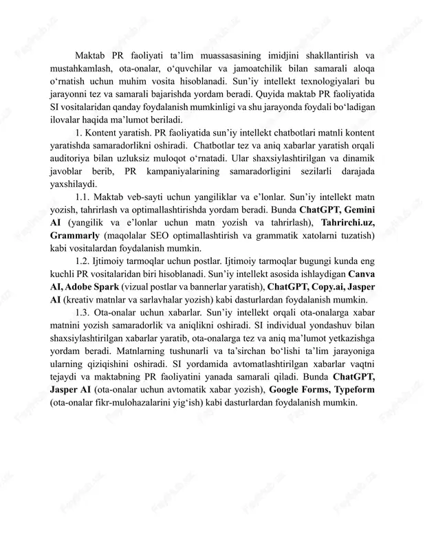 larini yaratishda leonardo ai, midjourney (si yordamida tasvir yaratish), runway ml, heygen (si yordamida video generatsiya qilish), adobe premiere pro ai tools, capcut ai (si videolarni avtomatik montaj qilish) kabi vositalardan foydalanish mumkin. 2.2. taqdimotlar va infografikalar tayyorlashda gamma ai, beautiful.ai (si yordamida taqdimotlar yaratishda), canva, visme (infografikalar va grafik materiallar yaratishda), microsoft designer ai, piktochart ( o’ziga xos dizaynlarga ega turli grafik elementlarni yaratish va tahrirlash imkoniyatini beradi) kabi vositalardan foydalanish mumkin. microsoft designer ai vositasi interfeysi va uning imkoniyatlari microsoft designer ai vositasi har oy 15 ball beradi. har bir bal bitta grafik elementni yaratishda qo’llash mumkin. havolasi: https://designer.microsoft.com/home 3. tadbirlar. si orqali tadbirlarning muhim tafsilotlarini aniq rejalashtirish hamda hech narsani unutmaslikka yordam beradi. shuningdek, reja vizual jihatdan tartibli bo‘lib, ishtirokchilar va tashkiliy jarayonni oson boshqarish imkonini beradi. 3.1. tadbirlar rejasini tuzishda chatgpt, notion ai (tadbir rejalashtirish), trello (vazifalarni avtomatik taqsimlash va kuzatib borish), google calendar ai assistant …