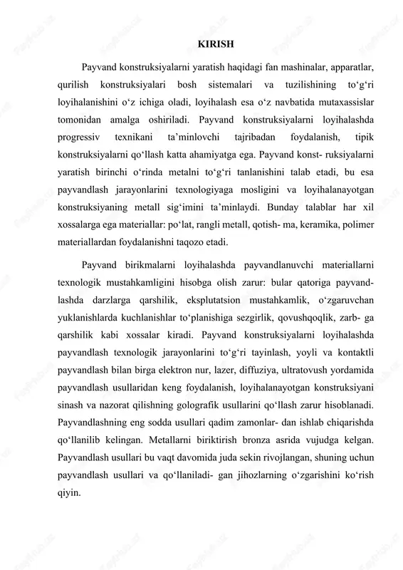 adigan maxsus stendlarda yig‘iladi va payvandlanadi. 2-rasm. vagon yassi qismlarini yig‘ish va payvandlash uchastkasi payvandlash mashinasi bir stendda ishlayotganda, ikkinchi stendda boshqa uzel yig‘iladi. obshivkani yig‘ishda stendda fiksatorlarga qo‘yiladi va qisish moslamalari yordamida amalga oshiriladi. buning uchun kronshteyn qattiqlik elementlari komplekti o‘rnatilgan yig‘ish portali stend bo‘ylab yuradi, shup (7) va priz (8) lar kerakli holatda ushlab turadi. keyingi qattiqlik elementi loyiha holati pnevmosilindrlar mexanizm (3) va (5)ni harakatga keltirib, koromislo (10) va (12) , uporlar (11) va (13)ni burilishi bilan keltiriladi. elementlarni obshiv- kaga payvandlashda siqib turish pnevmosilindrlar (9) va prijim (4) yordamida amalga oshiriladi. qisqa choklar bajarilgandan so‘ng pnev- mosilindrlar o‘chiriladi va portal yangi holatga ko‘chiriladi. obshivkani qattiqlik elementlari bilan payvandlashda ikki tomon- lama portal nuqtali kontakt mashina qo‘llaniladi, qisqa choklarda yig‘ilgan yassi uzel yig‘ish stendi ustida ko‘tarish tayanchlari bilan ko‘tariladi (13.3-rasm). bo‘ylama nuqtali choklarni payvandlashda uch nuqtali kontakt mashina relsli yo‘naltirgichlarda xarakatlanadi, ko‘ndalang choklarni payvandlashda esa yuqori va …