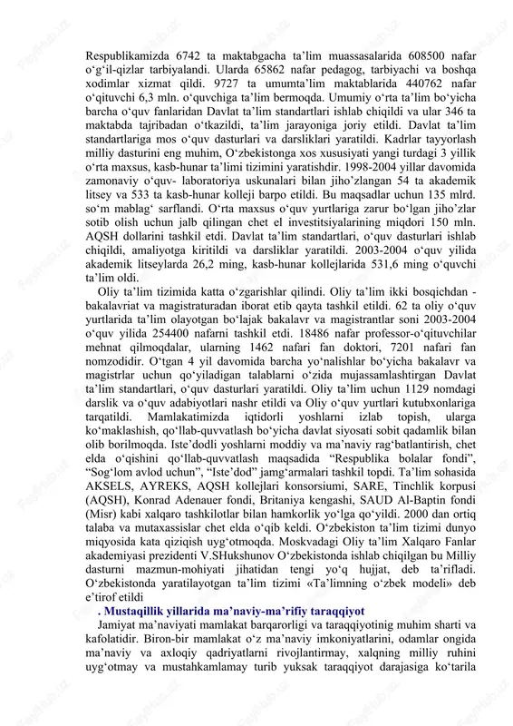 i yaratildi, ishsizlik bo‘yicha nafaqa to‘lash yo‘lga qo‘yildi. yangi ish o‘rinlarini tashkil etishga e’tibor berildi. 1993 yilda respublikada 185,1 ming yangi ish o‘rinlari tashkil etilgan bo‘lsa, 1998 yilda bu ko‘rsatkich 345,9 mingni tashkil etdi yoki 1,8 marta ko‘p ish o‘rinlari yaratildi. 2000 yilda faqat kichik va xususiy biznes rivoji hisobiga 192,5 ming yangi ish o‘rinlari yaratilgan bo‘lsa, bu ko‘rsatkich 2004 yilda 425 mingdan oshdi. 2003 yil 1 yanvarda iqtisodiyot sohasida band bo‘lganlarning 76,6 foizi nodavlat sektor hissasiga to‘g‘ri keldi. iqtisodiy islohotlar borasida qo‘yilgan yana bir muhim qadam - 1994 yil 1 iyuldan milliy valyutamiz-so‘ming muomalaga kiritilishi bo’ldi.. bu tadbir katta siyosiy ahamiyatga, e’tiborga molikdir, chunki o‘z milliy valyutasiga ega bo‘lmagan davlat chinakam mustaqil bo‘la olmaydi. respublika hukumati milliy valyuta qadrini mustahkamlash, uning erkin aylanishini taminlash choralarini amalga oshirib bordi. 2003 yil 15 oktyabrdan boshlab so‘m qisman konvertatsiyalanadigan valyuta maqomiga ko‘tarildi. muxtasar qilib aytganda, mustaqillik yillarida amalga oshirilgan iqtisodiy islohotlar natijasida …